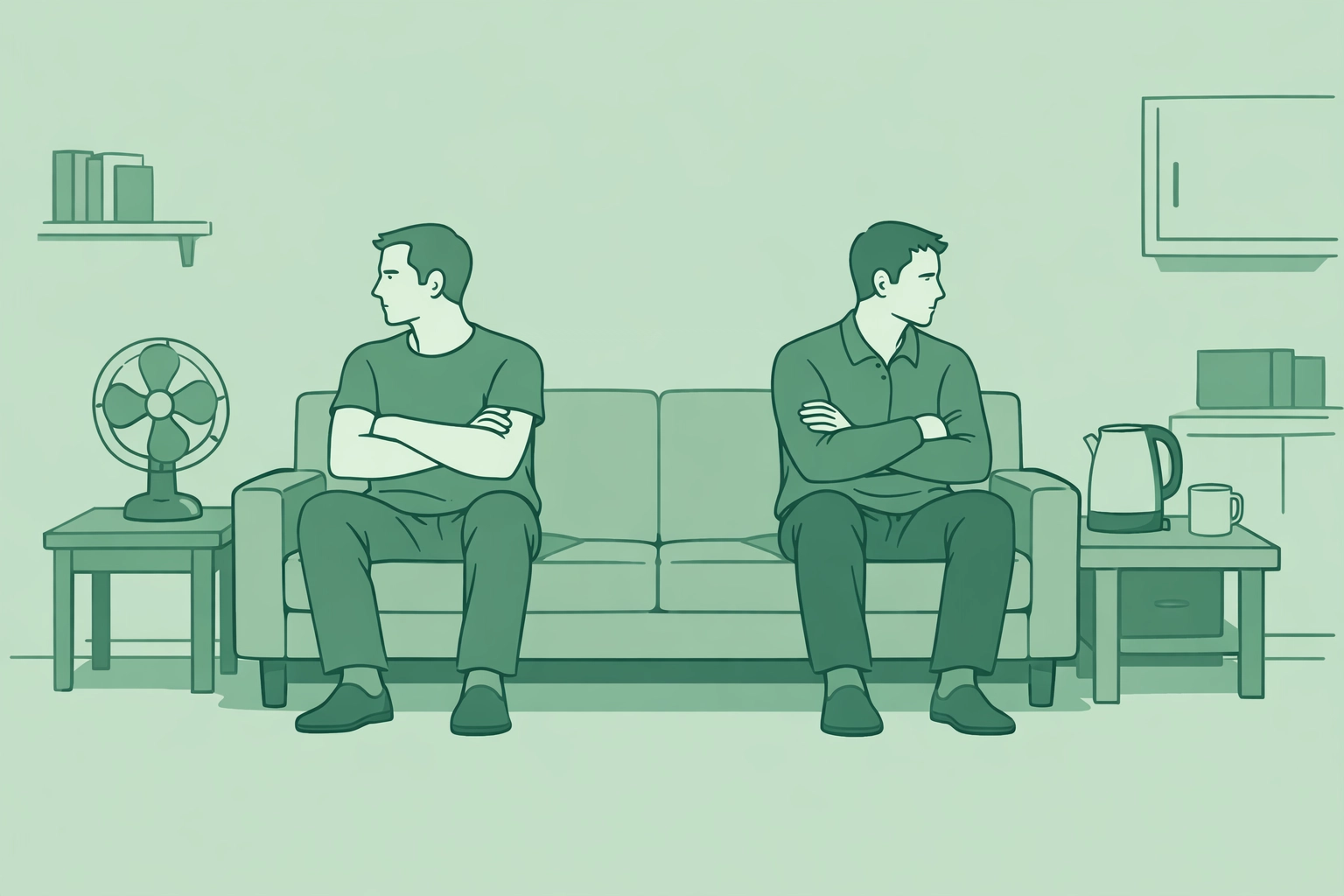 MM romance rivalry: two men maintaining territorial distance on sofa during psychological tension