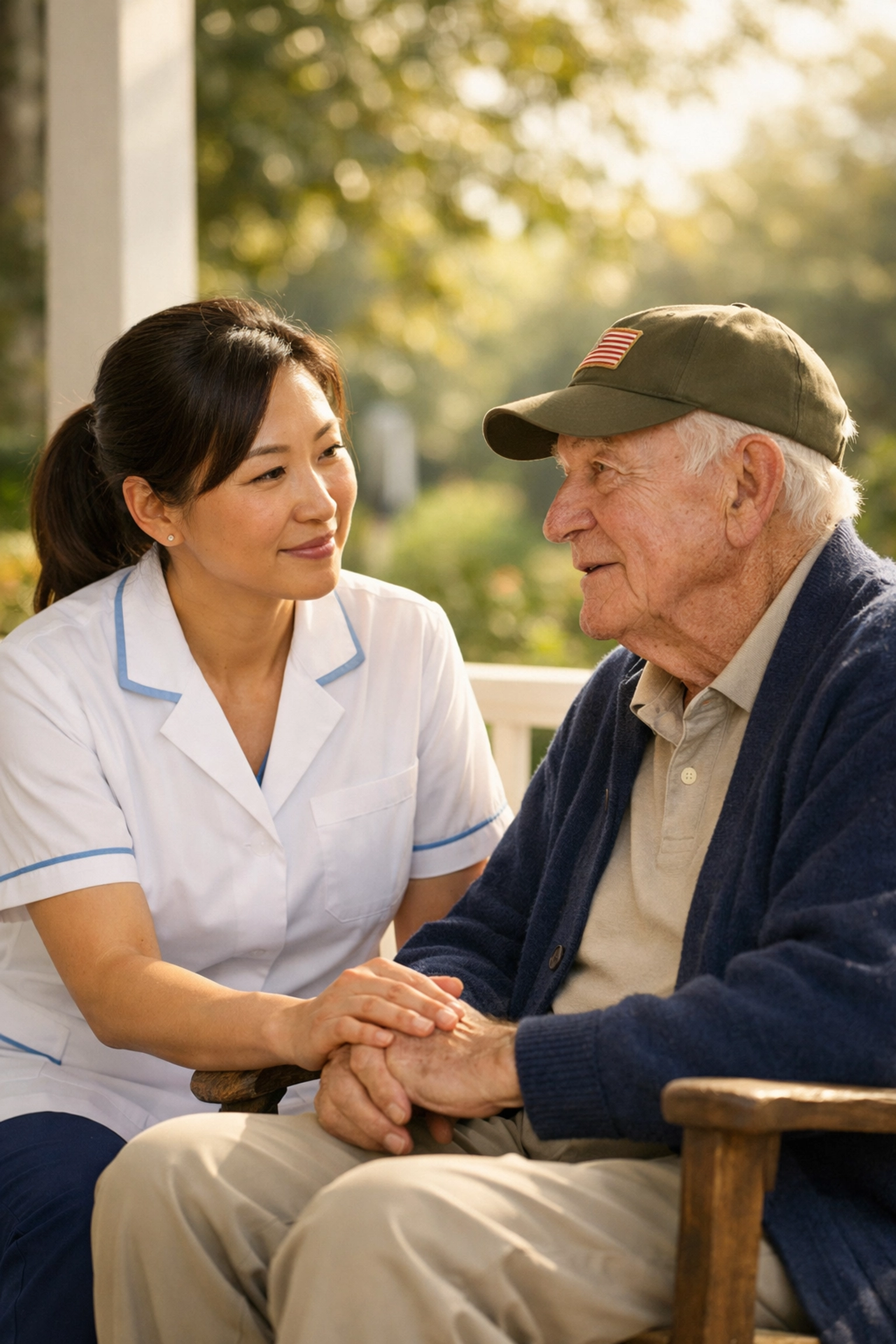 Compassionate caregiver talking with an elderly veteran during a home care visit in Northern Virginia.