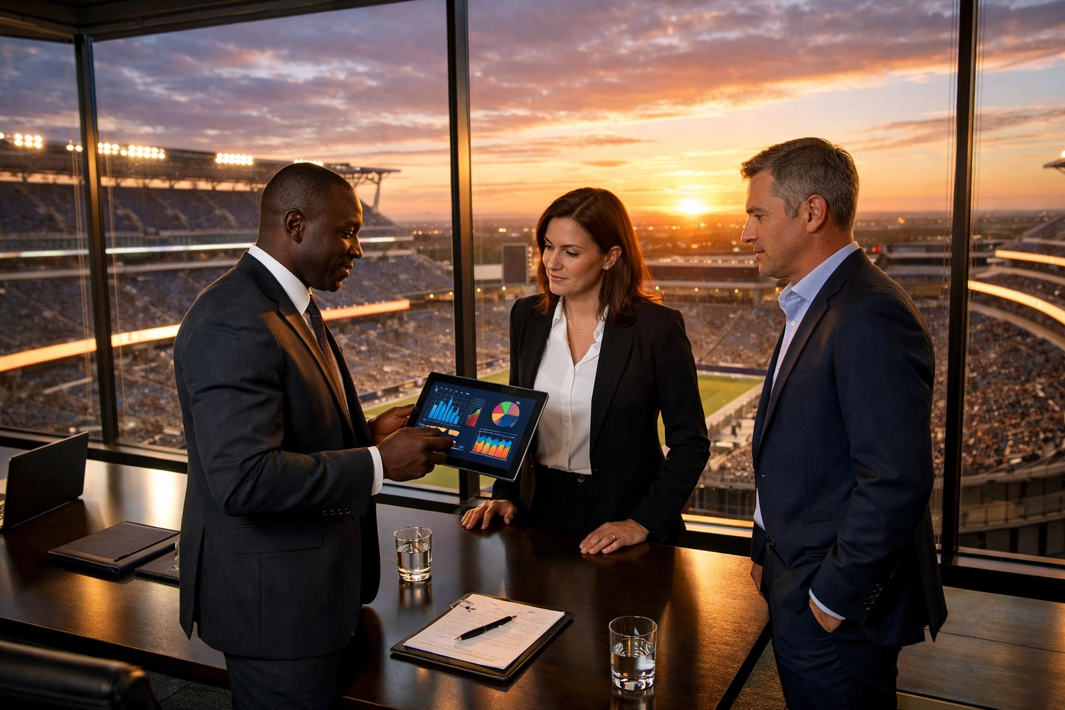 Dakdan Worldwide team reviewing data analytics for a sports sponsorship activation framework in a modern boardroom.