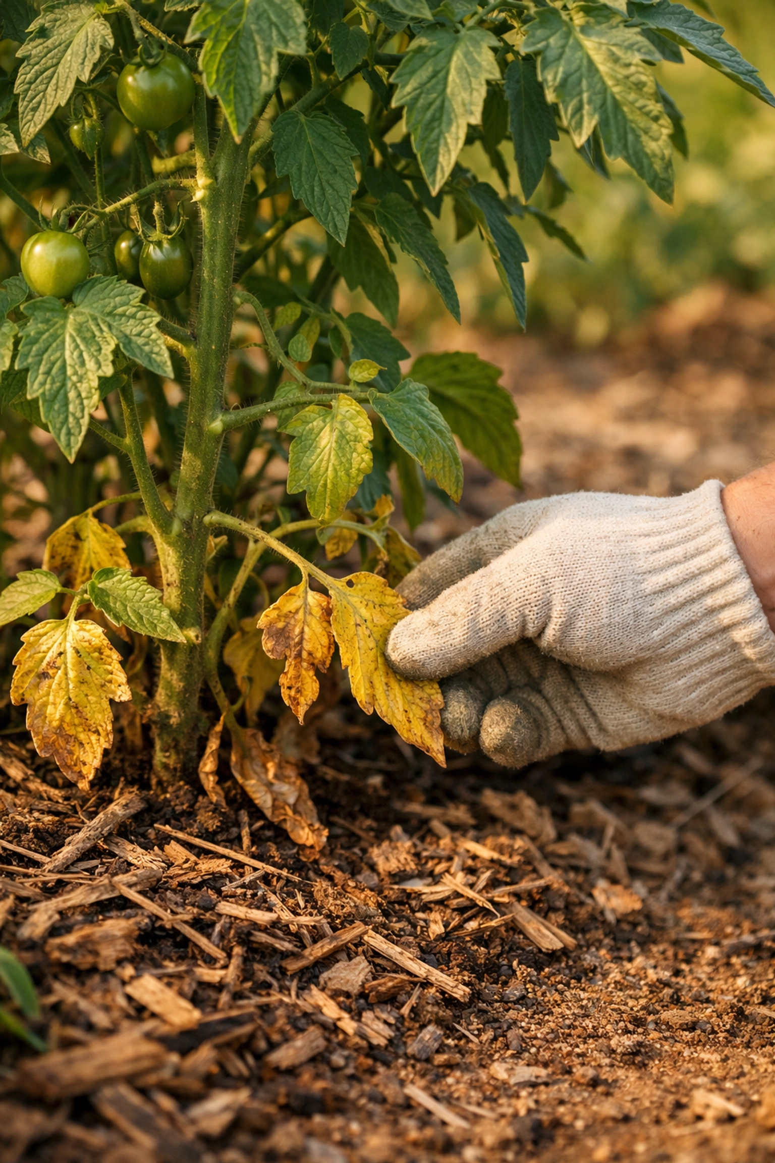 Removing yellowing lower leaves from tomato plant base