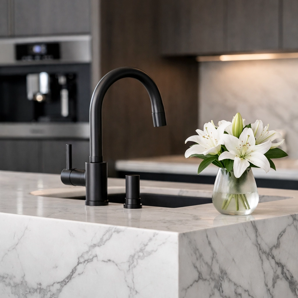 Turn-key modern kitchen in a Bellevue luxury home with a white marble island and premium finishes.