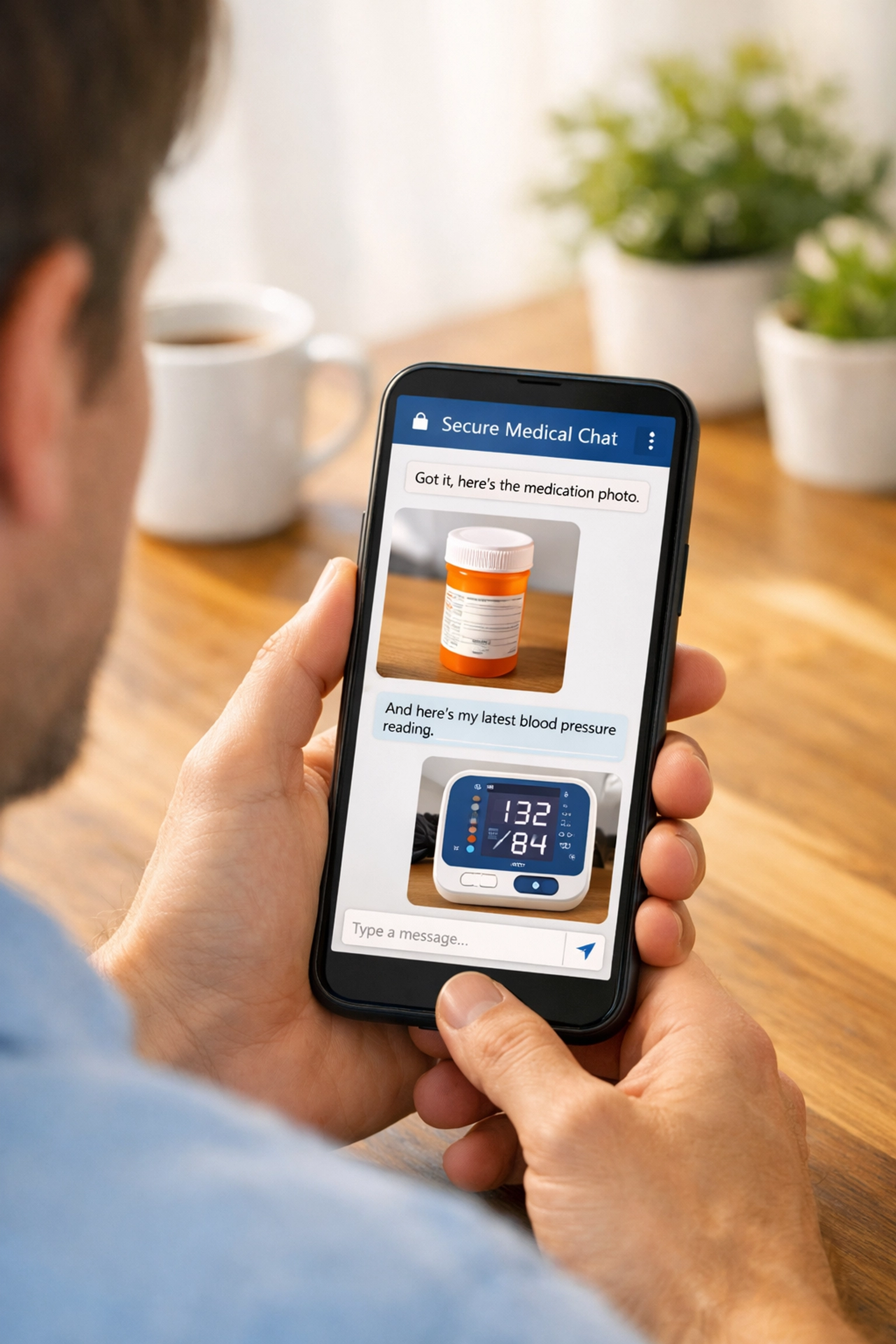 Securely texting a doctor with blood pressure readings for an online hypertension medication refill.
