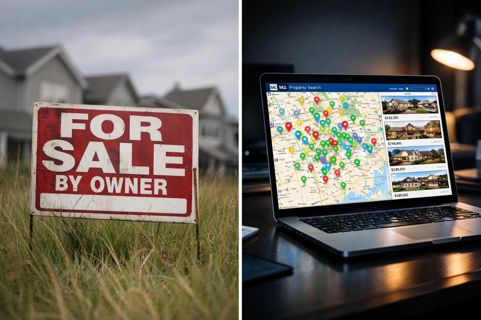 FSBO yard sign compared to MLS digital platform showing wider marketing exposure