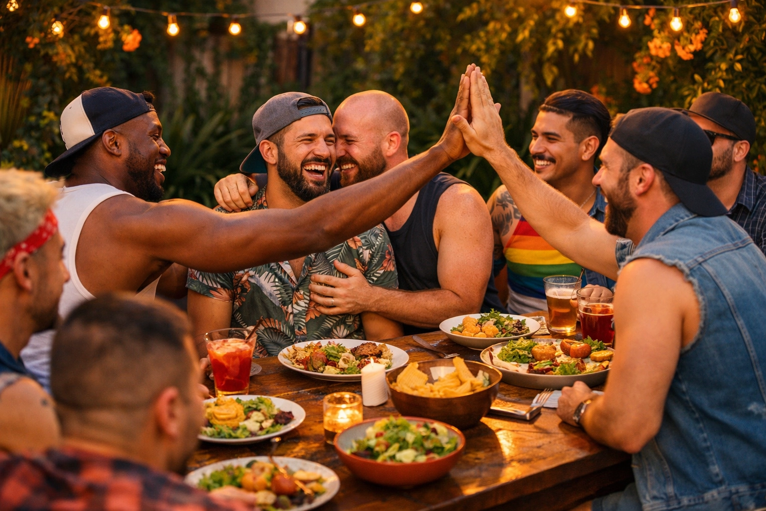 A couple laughing with their chosen family at a backyard dinner, celebrating community and support.