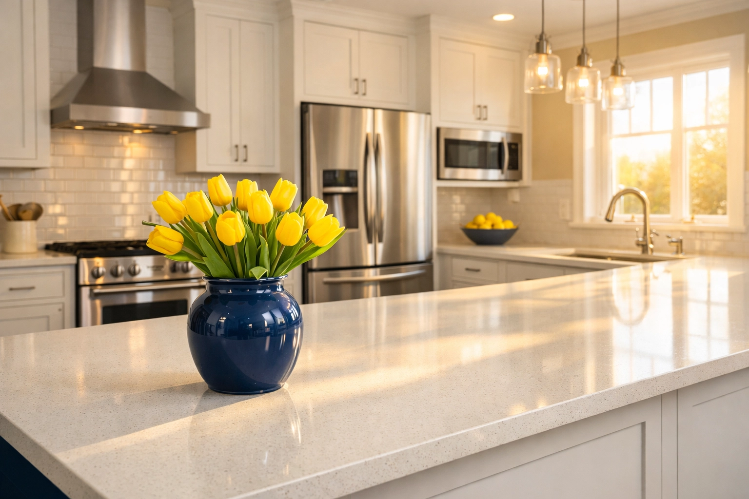 A sparkling clean modern Worcester kitchen with a white quartz island and clutter-free surfaces.