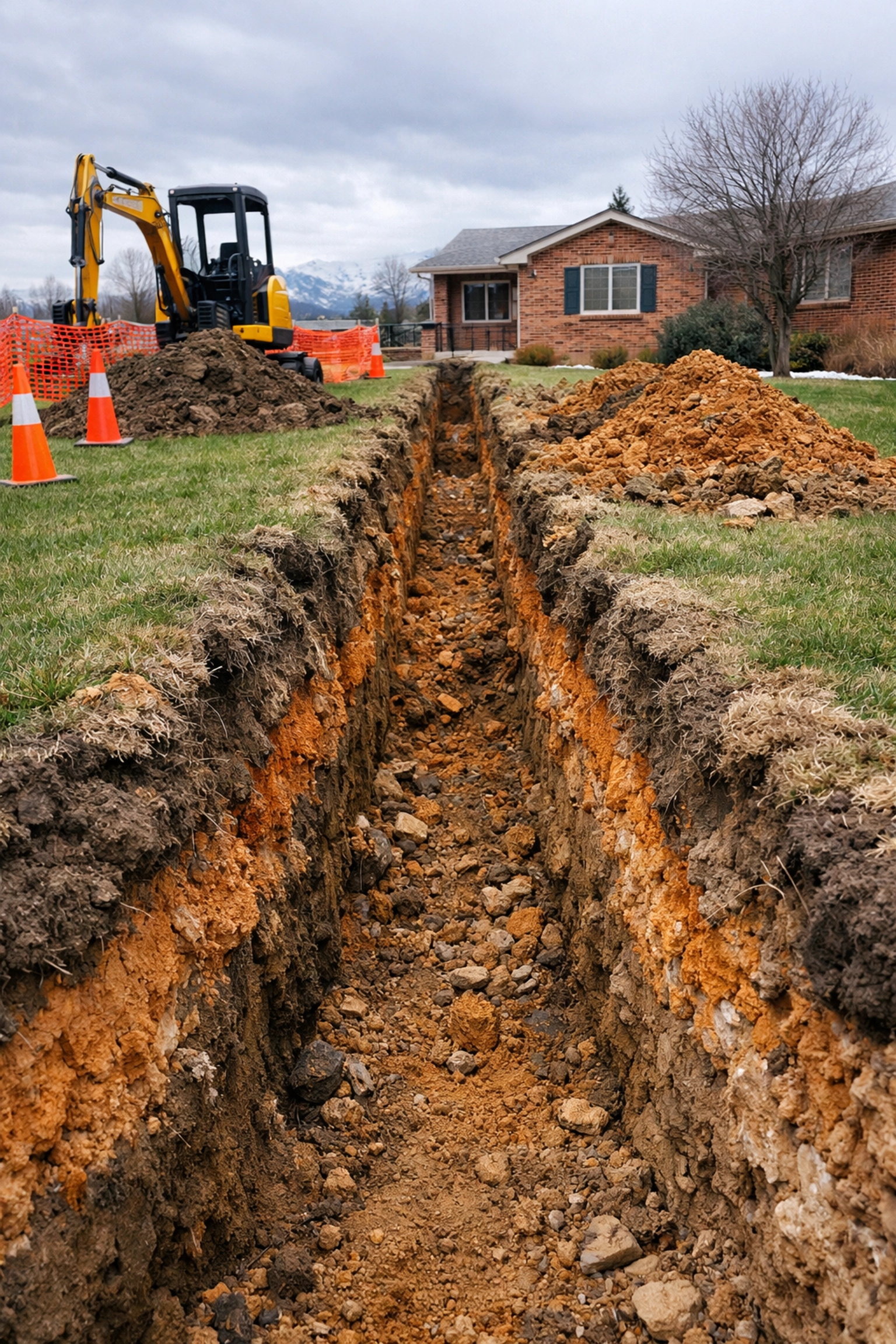 A deep trench for traditional sewer excavation in a Denver front yard, showing significant lawn disruption.