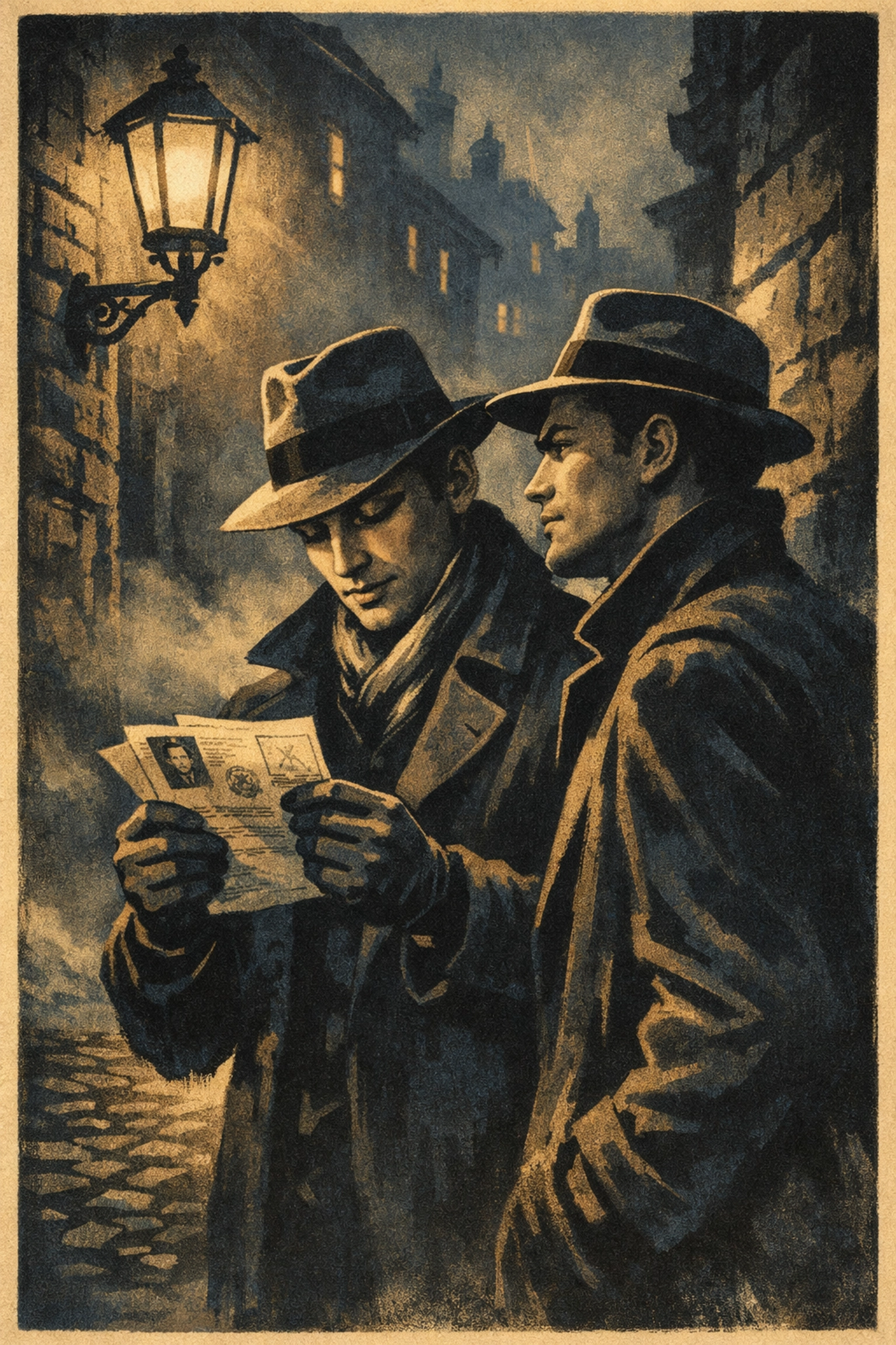 Two gay resistance fighters in 1940s occupied Europe exchanging forged documents in a shadowy alley