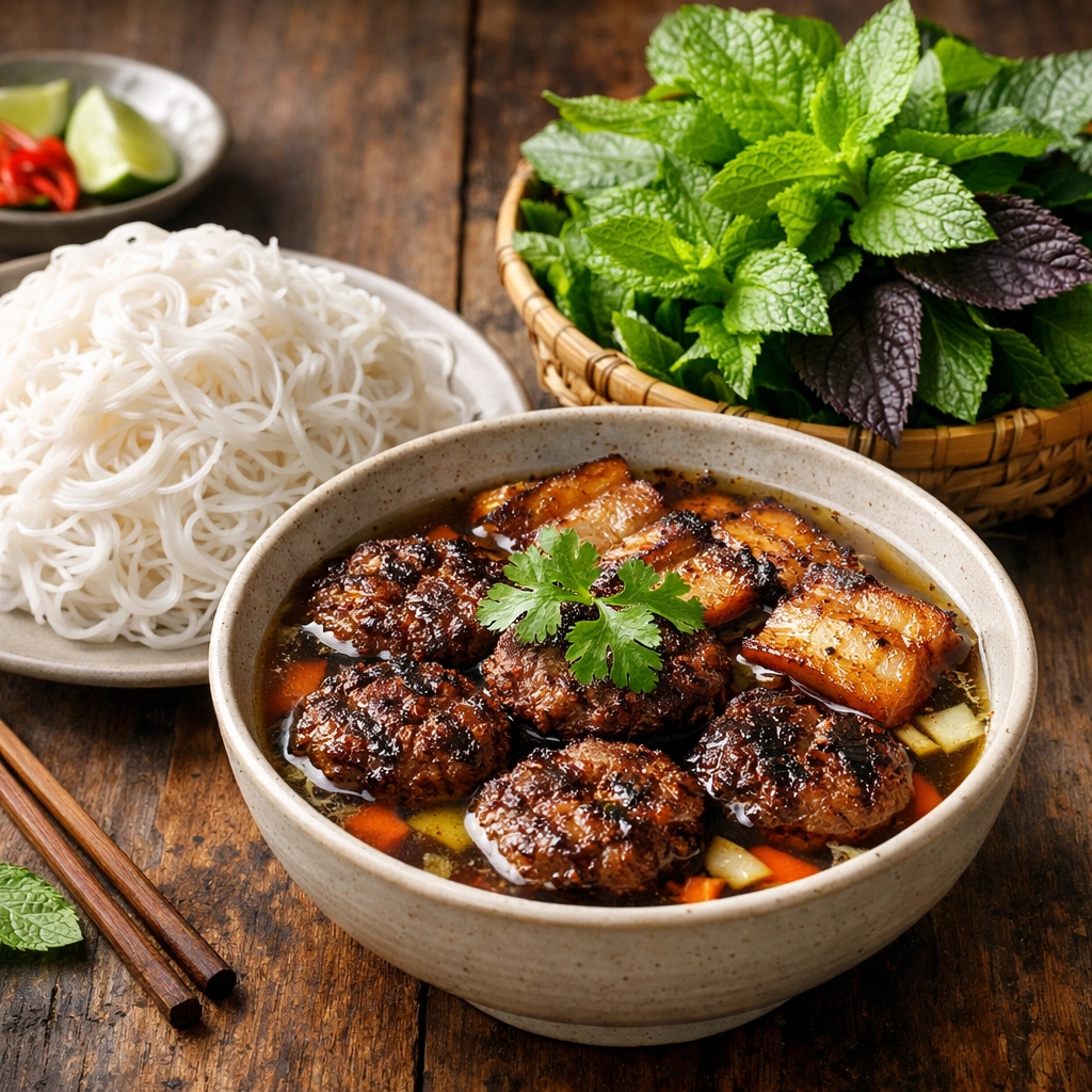 The Budget Traveler's Guide to Finding the Best Cheap Eats in Hanoi 2 A delicious serving of Bun Cha, a top dish for budget travel food enthusiasts in Hanoi.