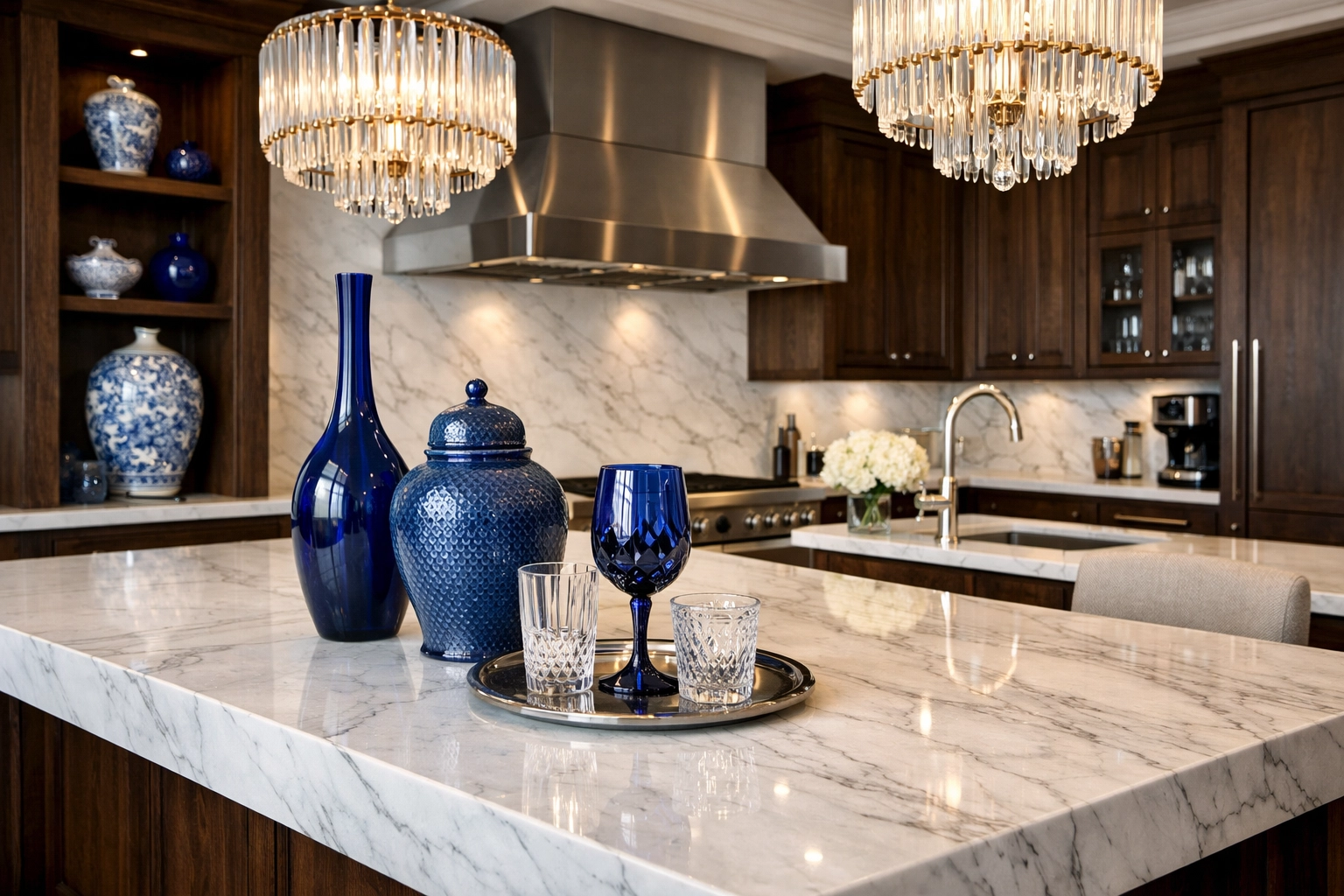 Luxury kitchen with a white marble island and wood cabinets requiring professional surface care.