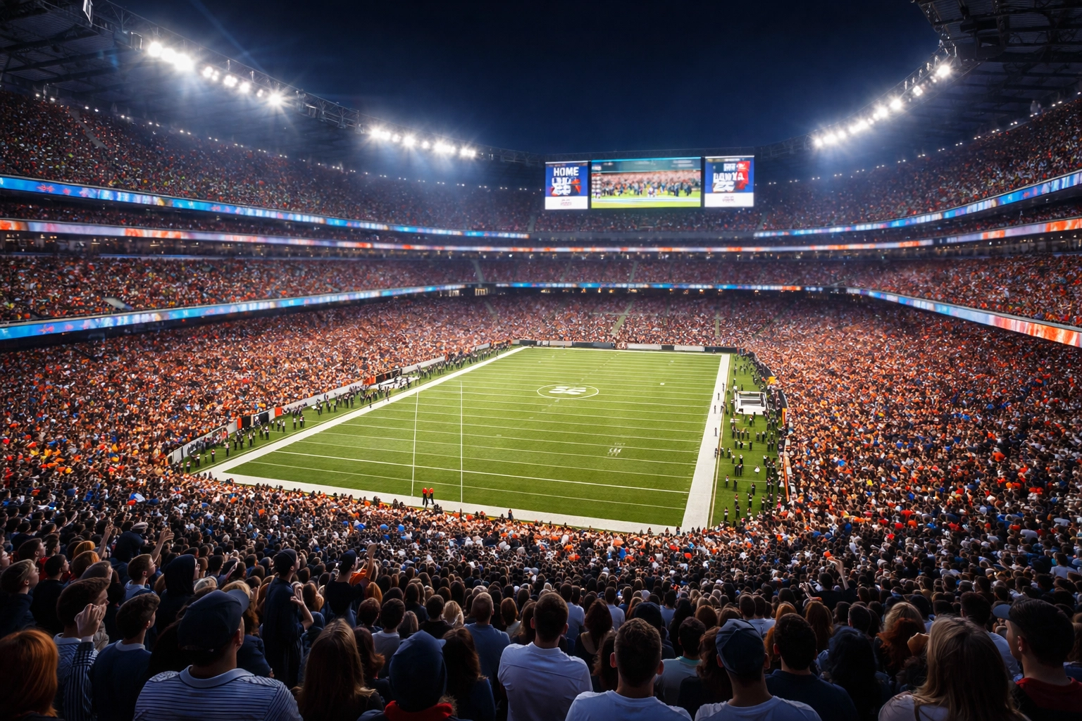 Packed sports stadium with vibrant crowd and illuminated displays showcasing event marketing impact
