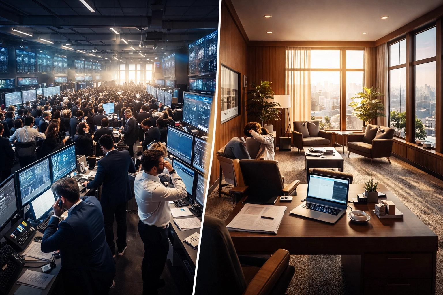 Busy trading floor contrasted with a calm wealth management office, illustrating active market strategies