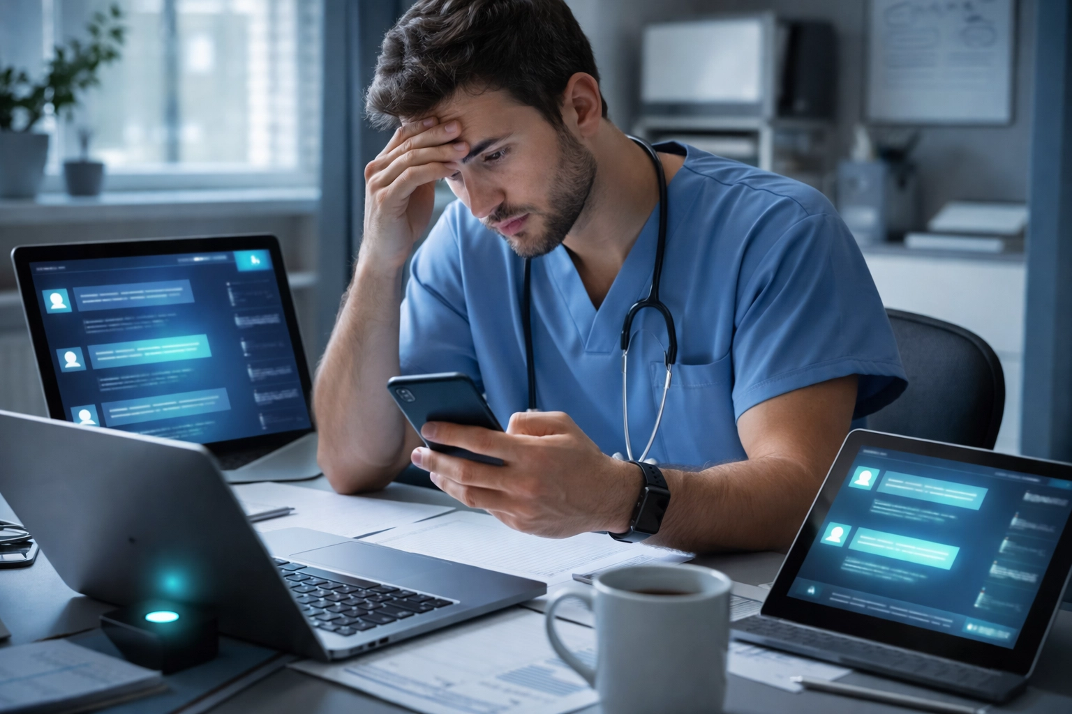 Healthcare clinician using multiple unauthorized AI tools on devices, illustrating shadow AI risks