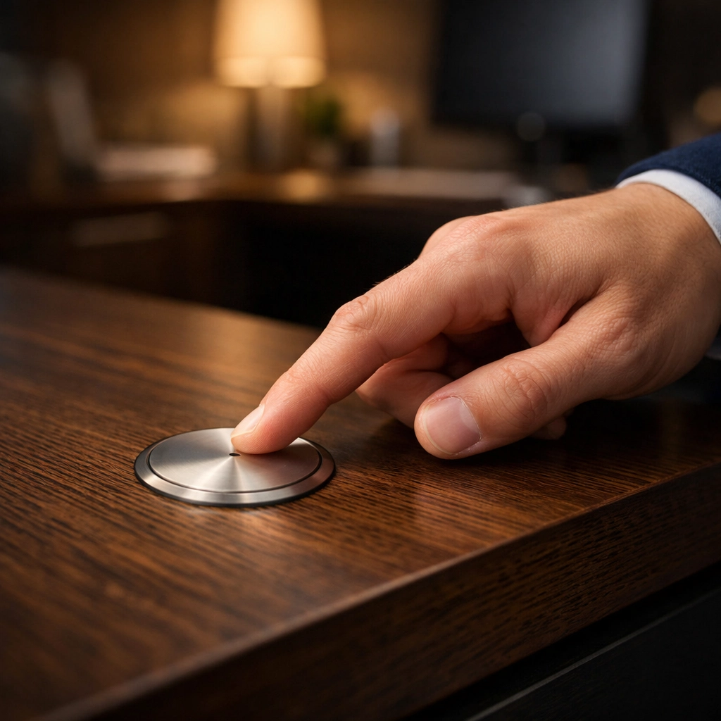 A professional pressing a single button on a desk, representing simple sales automation triggers.