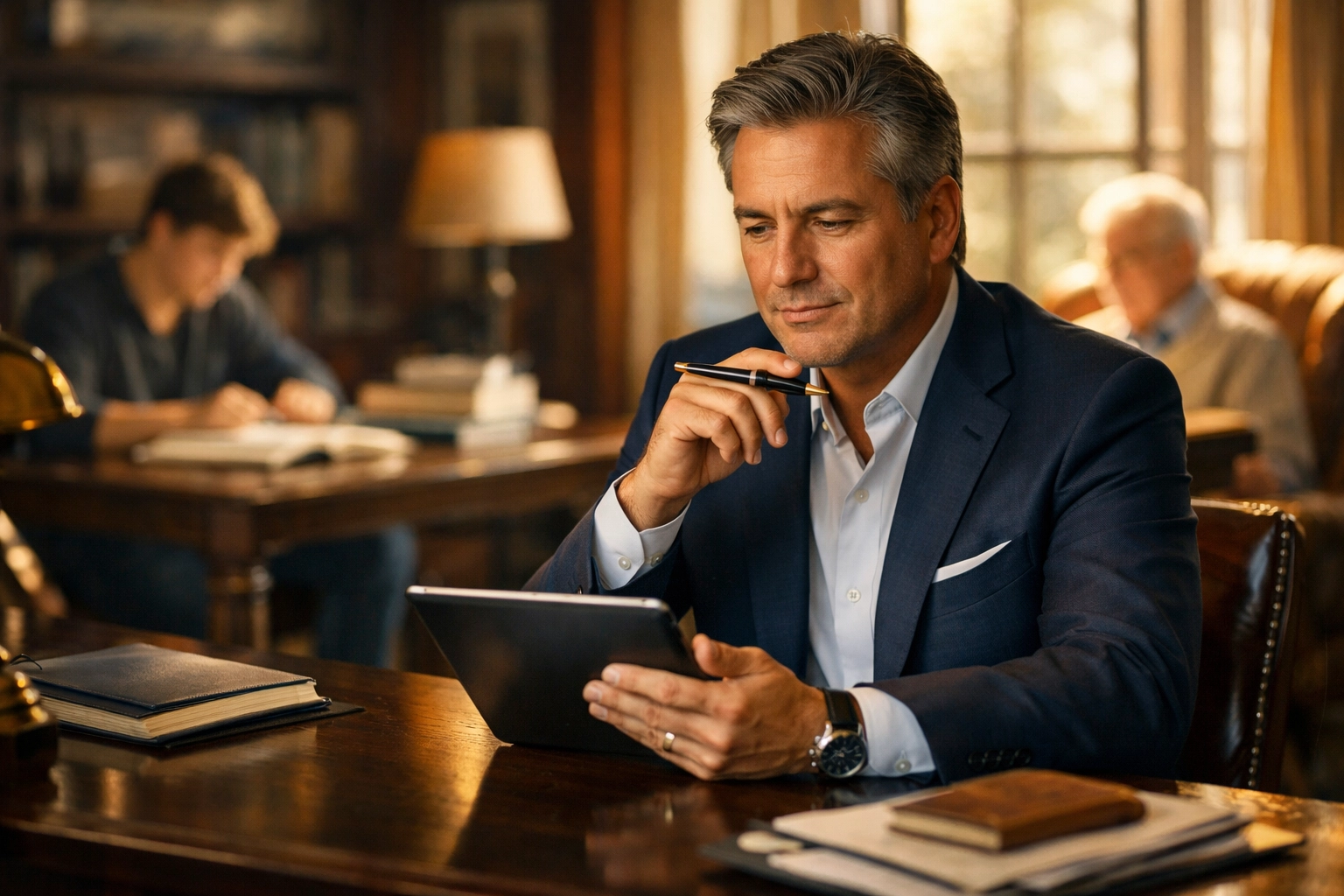 Executive planning for retirement while supporting children and aging parents in a home office.