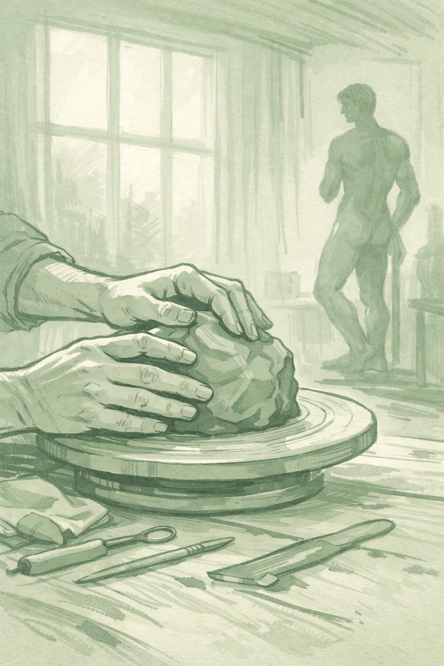 Gay sculptor's hands molding clay in art studio with male statue silhouette in background