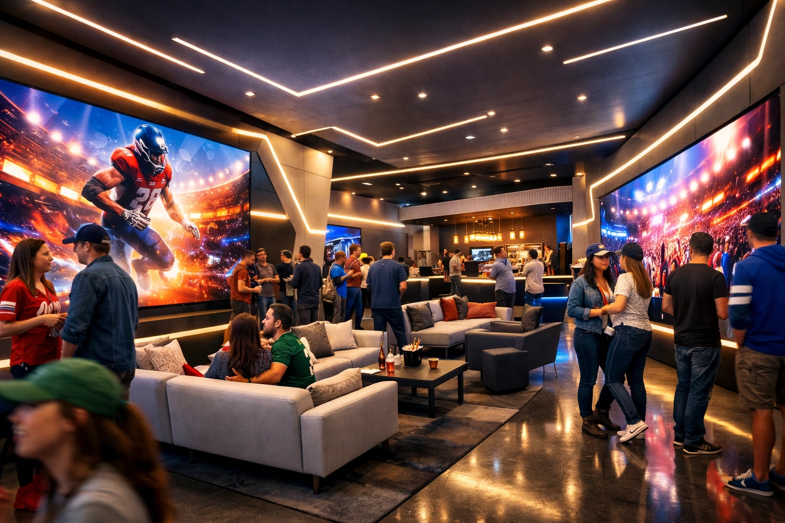 Fans engaging with immersive brand activations in a high-tech stadium concourse innovation zone.