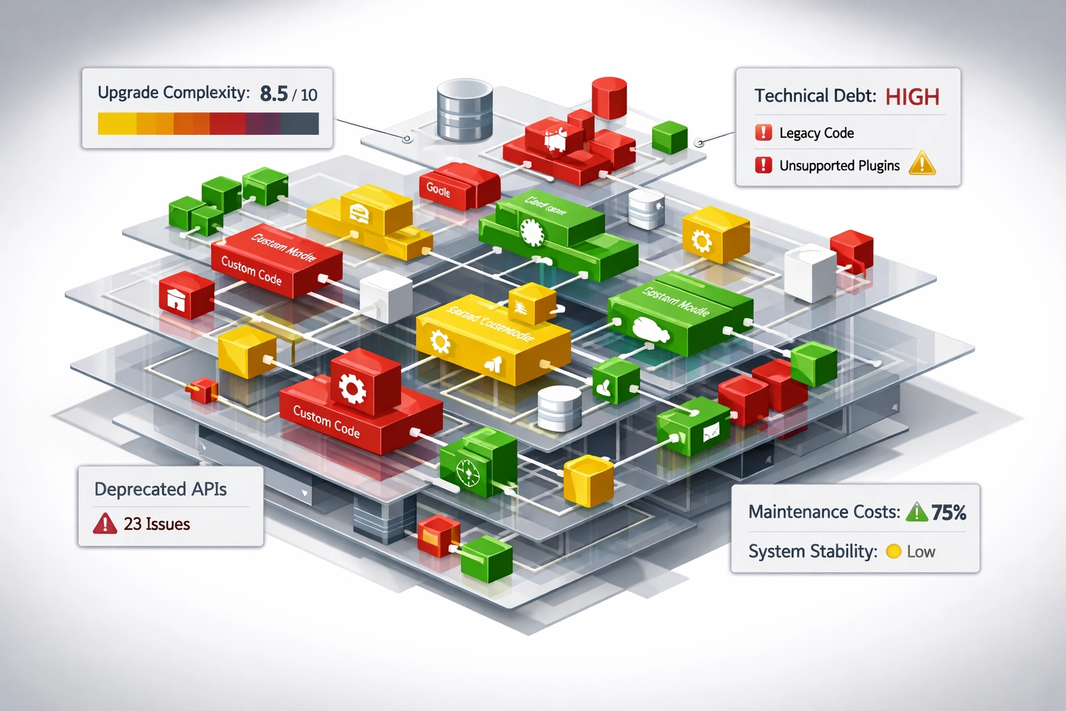 ServiceNow customization complexity visualization showing technical debt and upgrade blockers