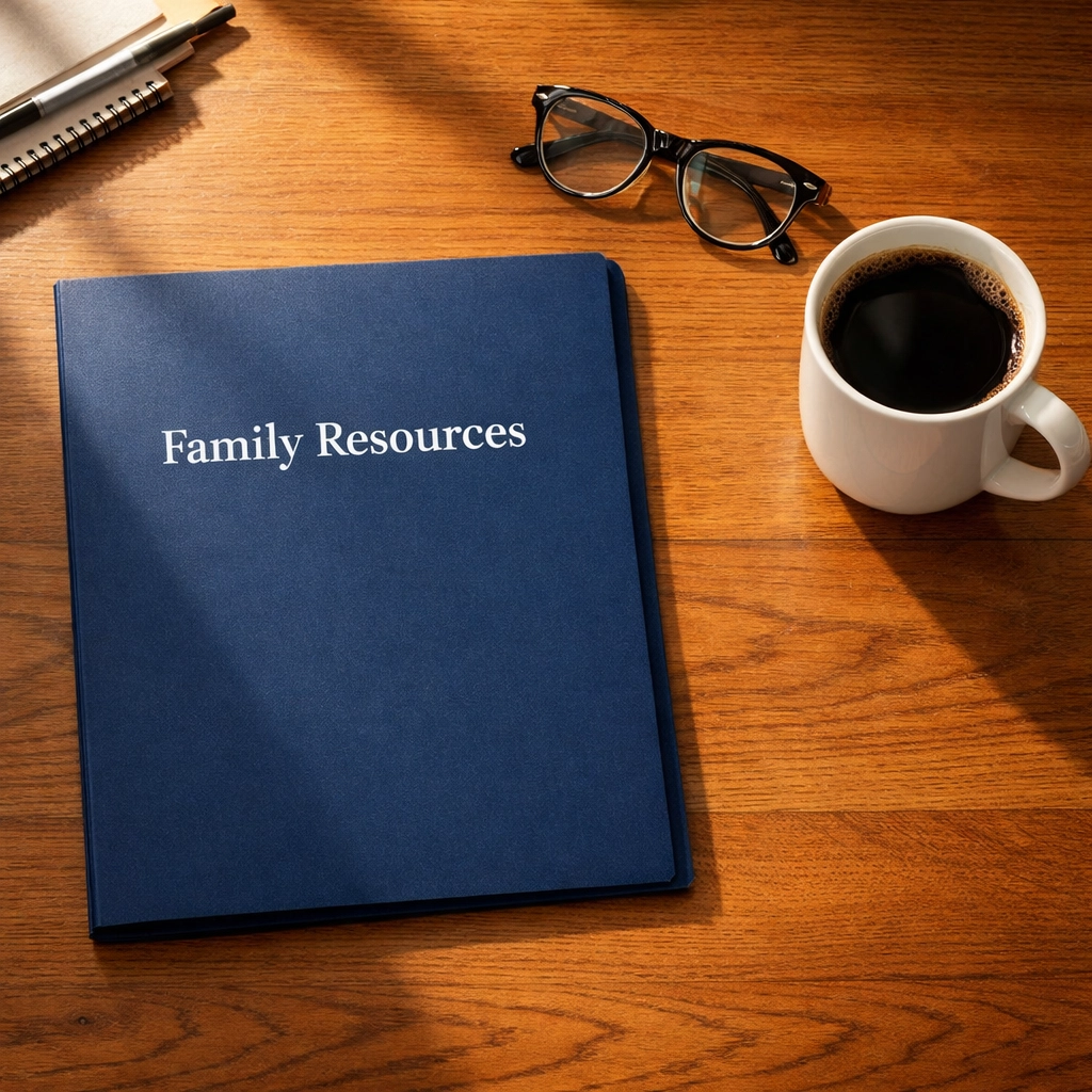 Organized family assistance resources on a desk, symbolizing readiness and community support.
