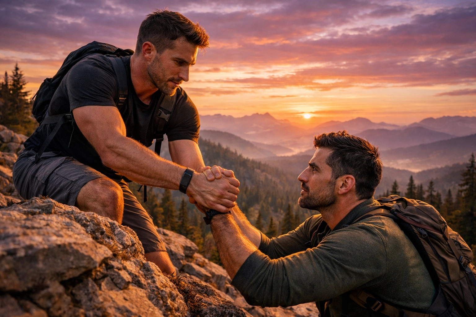 Two men hiking on a mountain trail, capturing the forced proximity trope found in gay romance books.