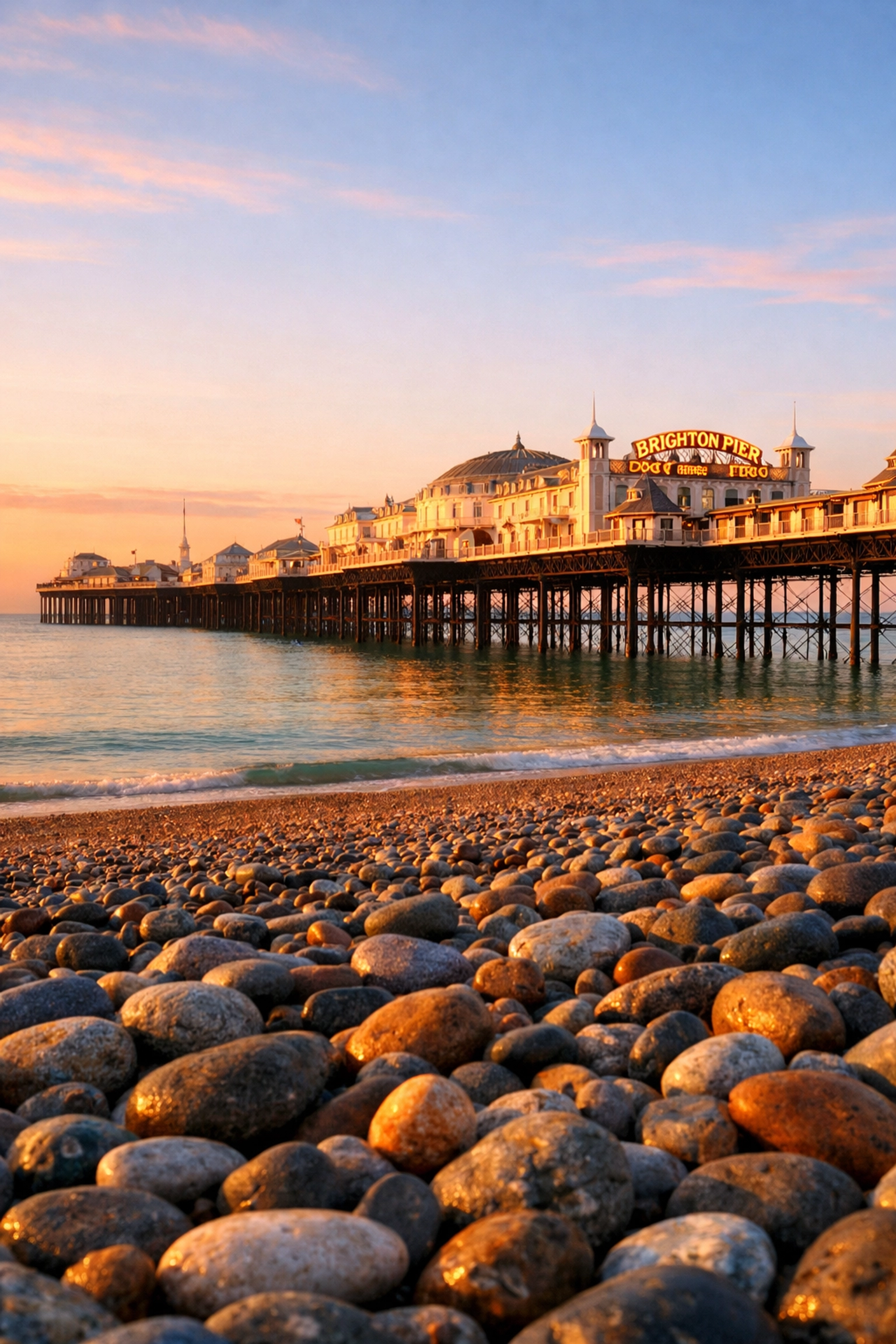 Brighton Palace Pier at sunrise from the pebble beach, a peaceful memorial location