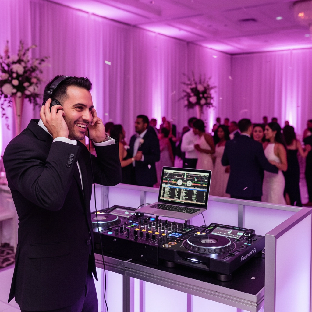 DJ in a suit smiling with headphones on at a wedding reception. Pink-lit room, people dancing in the background, DJ console in foreground.