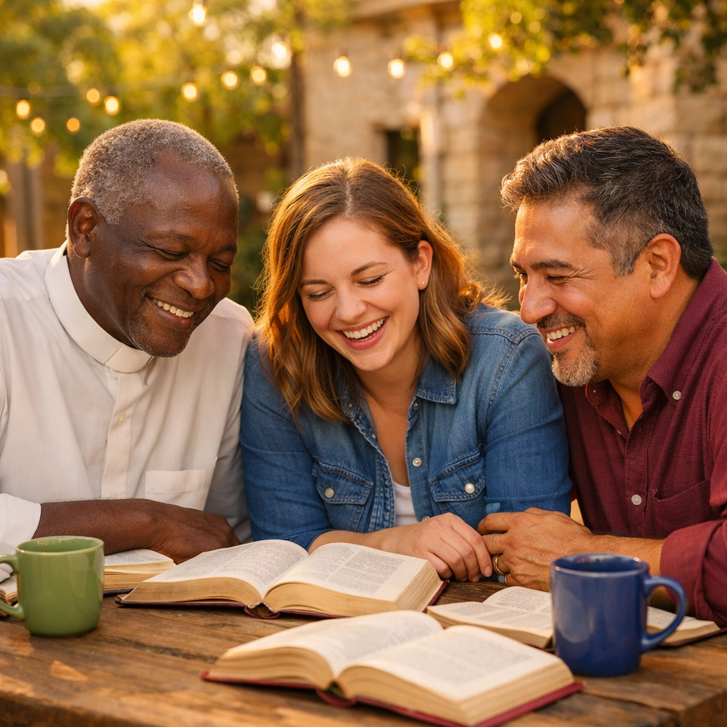 Diverse theological students in a sunlit courtyard representing the global family of bi-vocational leaders.