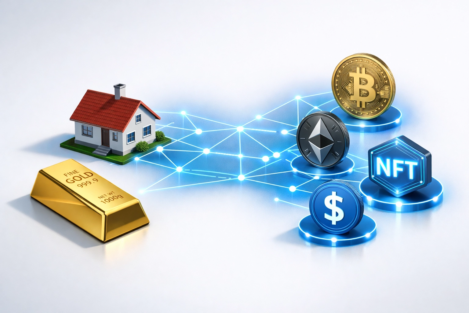 Tokenized Real-World Assets (RWA) Explained: A Beginner's Guide to Fractional Real Estate and Gold 1 Physical gold and real estate connected to blockchain digital tokens showing RWA tokenization process