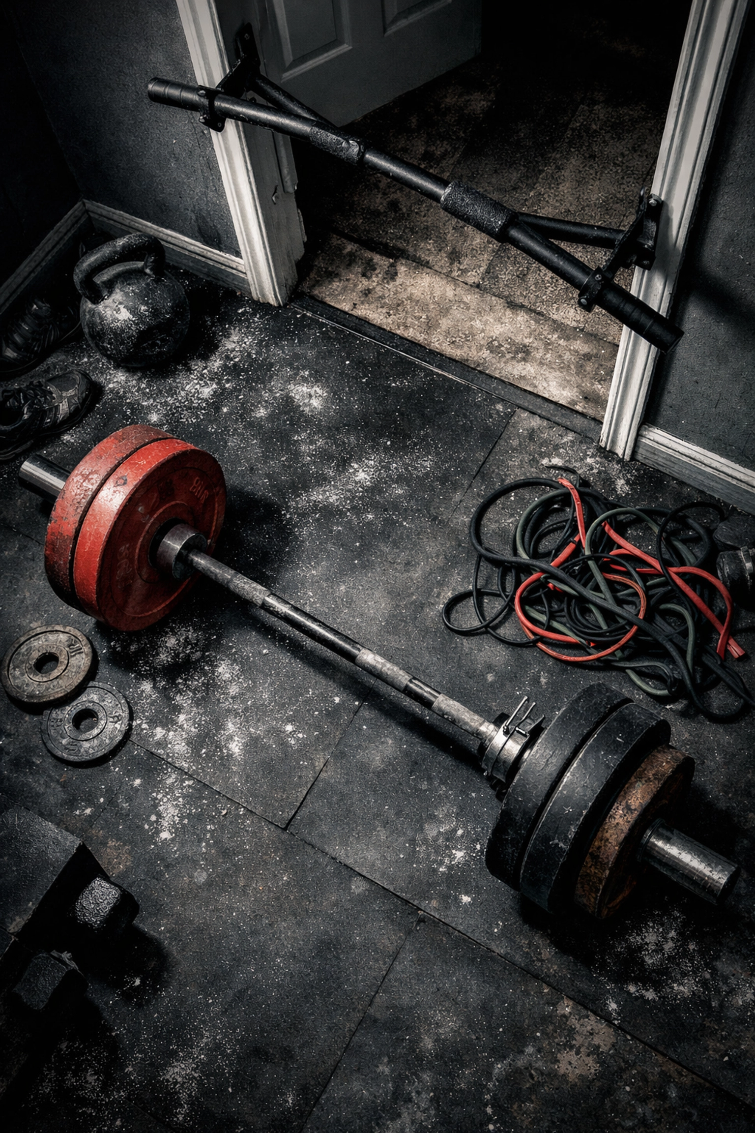 Cluttered CrossFit home gym with scattered equipment and poor organization