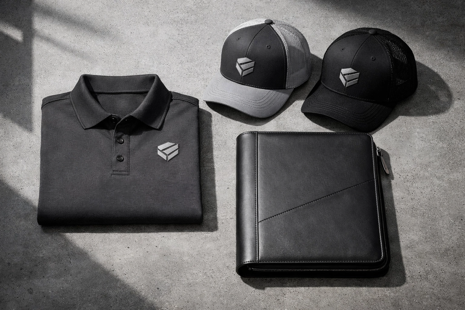 Complete business branding kit including custom embroidered polos and matching hats.