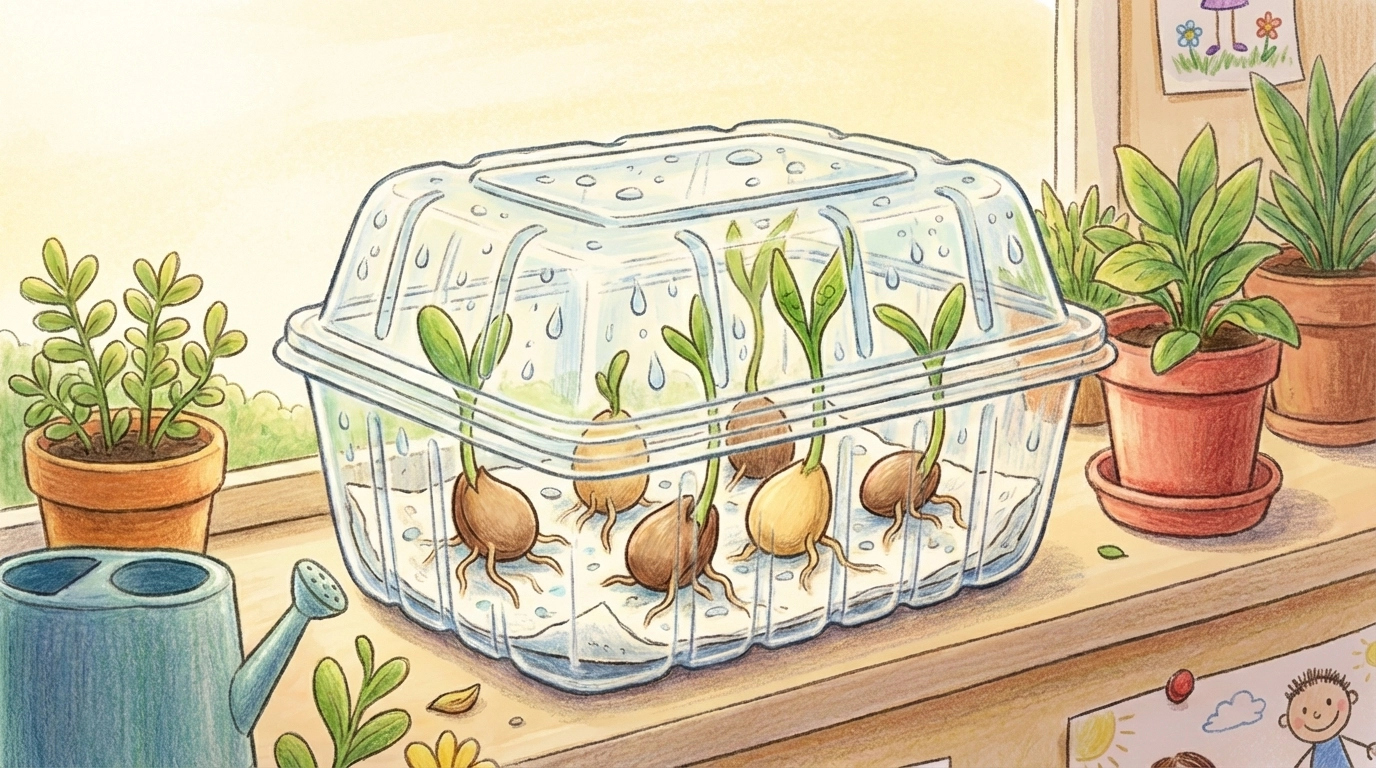 Mini greenhouse made from a recycled plastic container showing seeds sprouting on a paper towel in sunlight