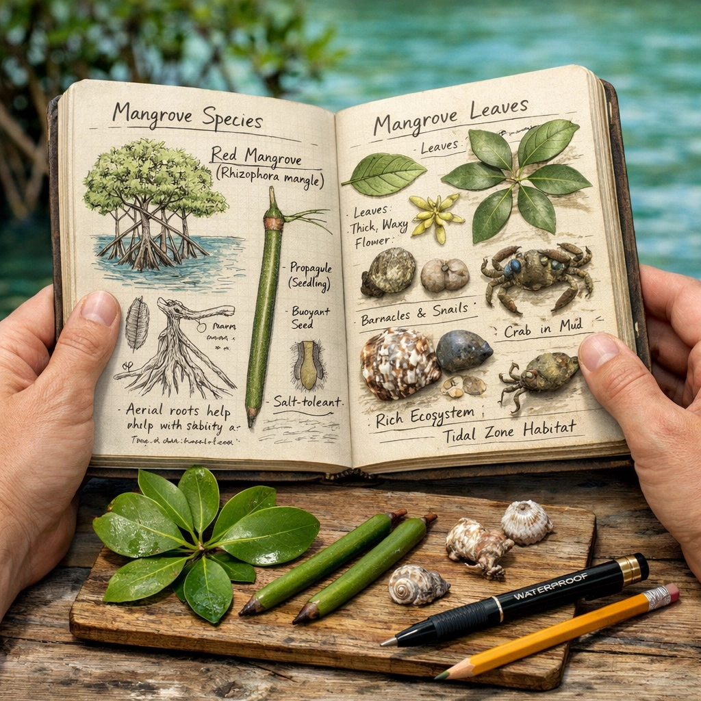 Student field journal documenting mangrove species and marine specimens during research