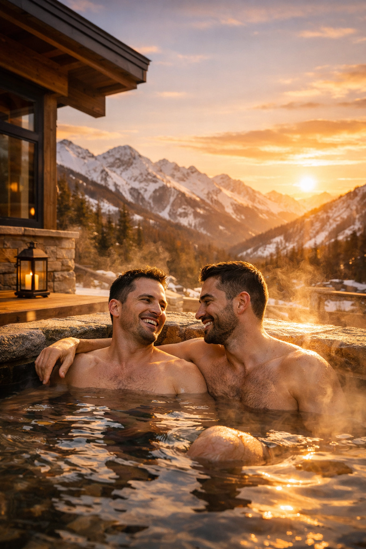 Gay couple in private mountain hot springs resort with scenic views at sunset