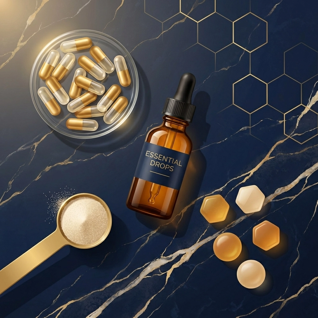 Flat lay of different supplement forms like capsules, powders, liquid drops, and gummies to highlight easy choices for starting a supplement routine