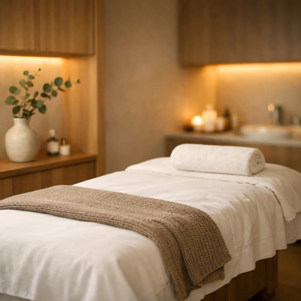 A peaceful and modern massage therapy treatment room in Edmonton at the Massage Quest wellness clinic.