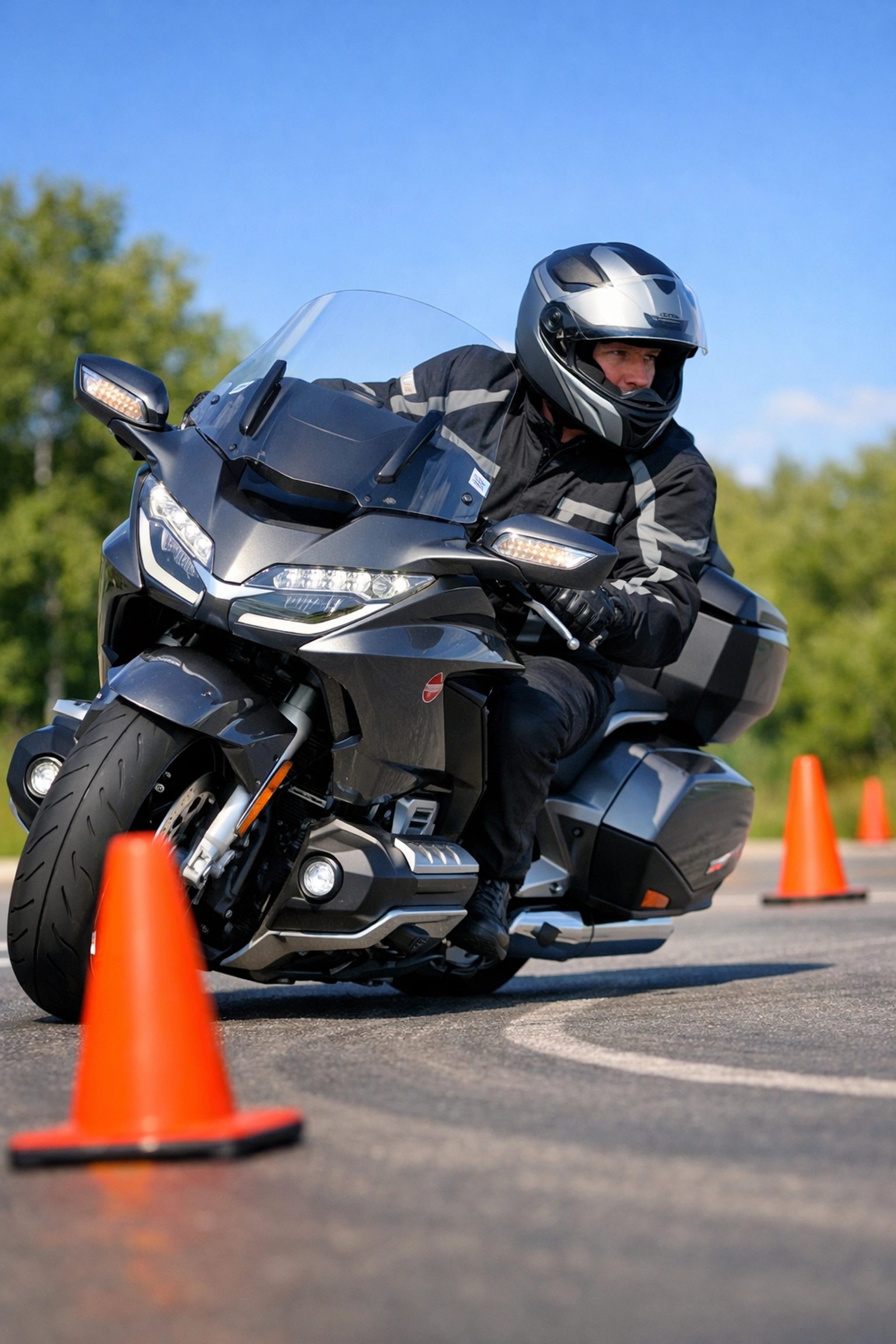 Experienced rider on a touring motorcycle practicing maneuvers at a DOT certified safety training course.