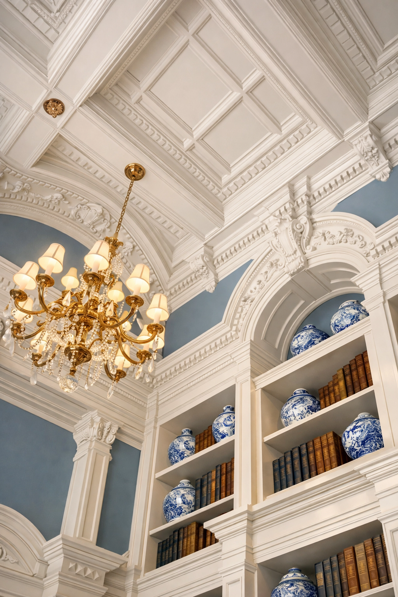 Dust-free coffered ceiling and architectural molding in a Manchester-by-the-Sea luxury home.