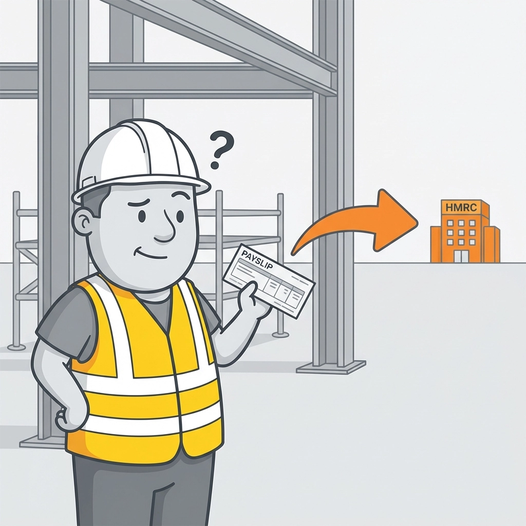 Construction worker in high-vis gear reviewing payslip, showing CIS tax deductions for construction industry refunds