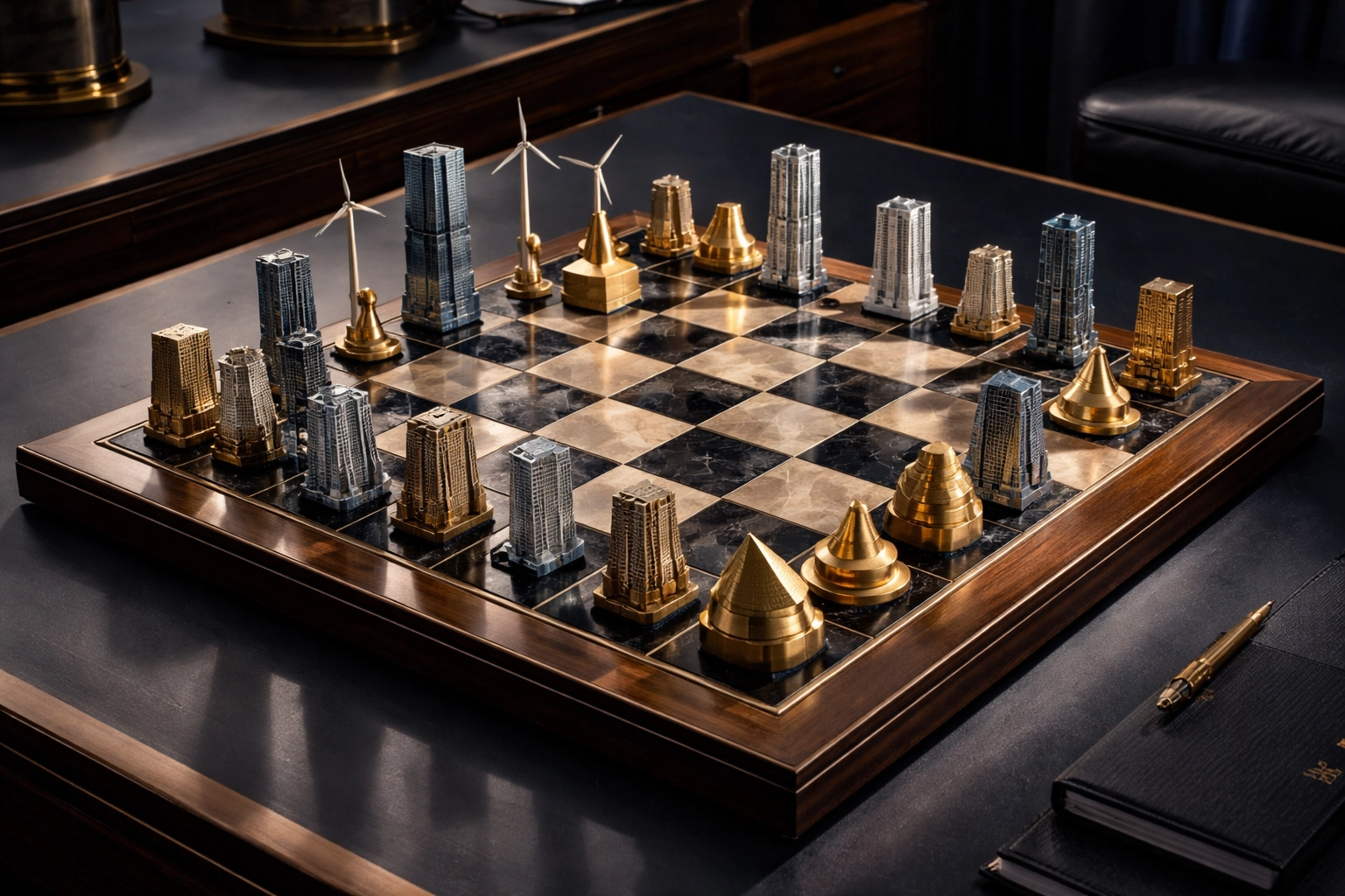 Chess board with buildings and infrastructure pieces illustrating strategic portfolio allocation decisions.