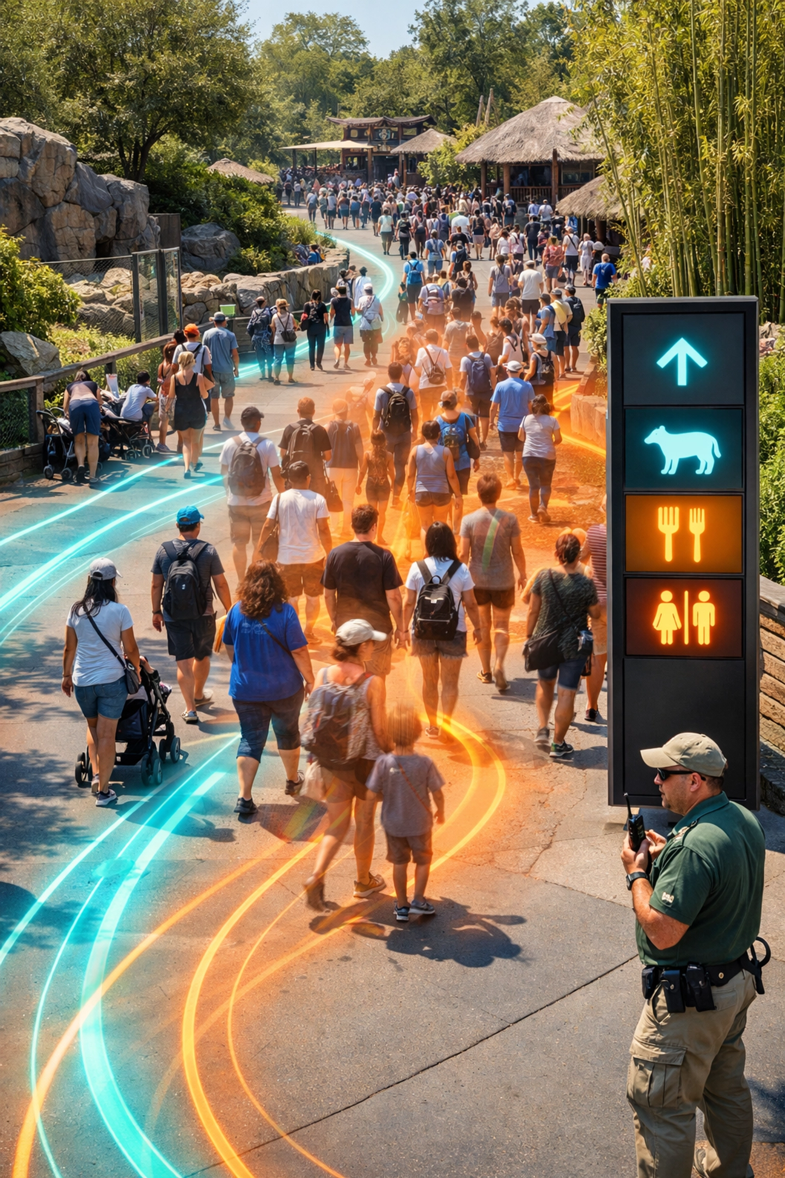 Smart signage and digital visualization managing visitor flow and crowd density at a modern zoo.