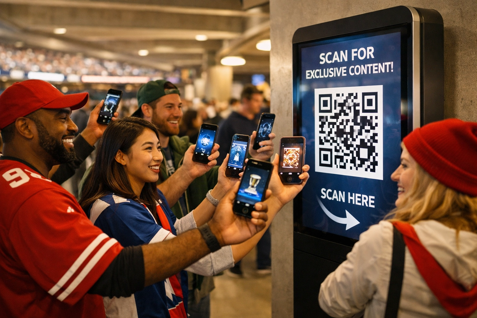 Fans scanning QR codes on interactive displays for gamified Super Bowl 2026 experience