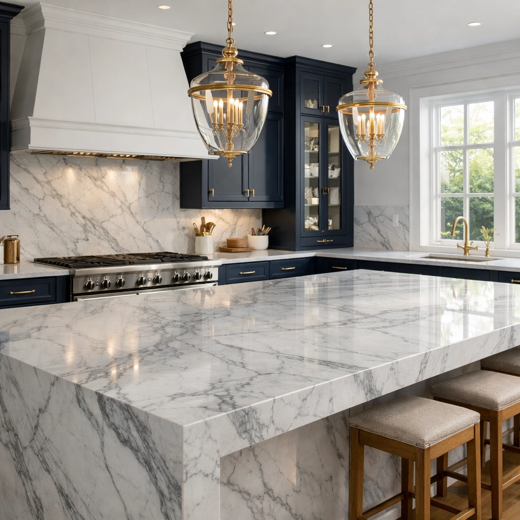 Spotless Carrara marble kitchen island in an Andover estate, maintained by professional luxury residential cleaning.