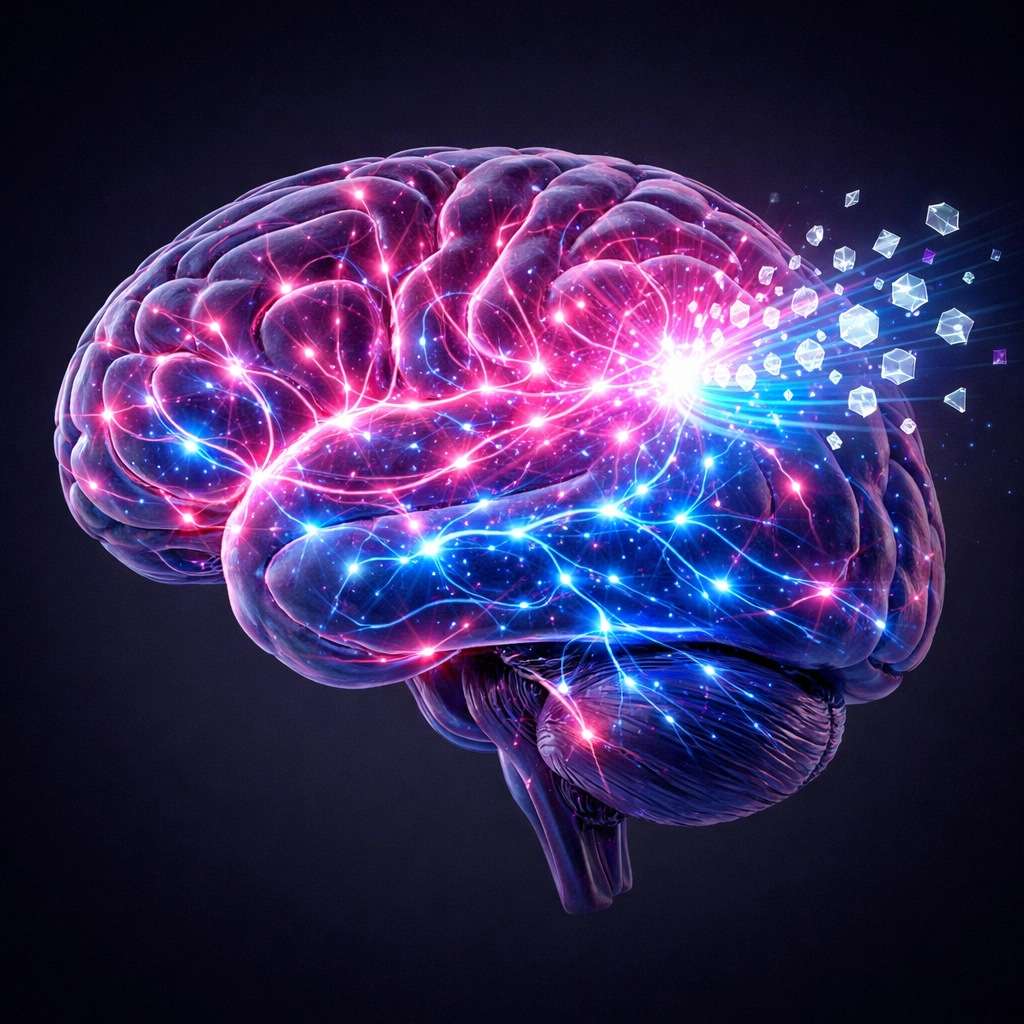 Human brain with glowing neural pathways representing a digital dopamine surge and hyper-stimulation.