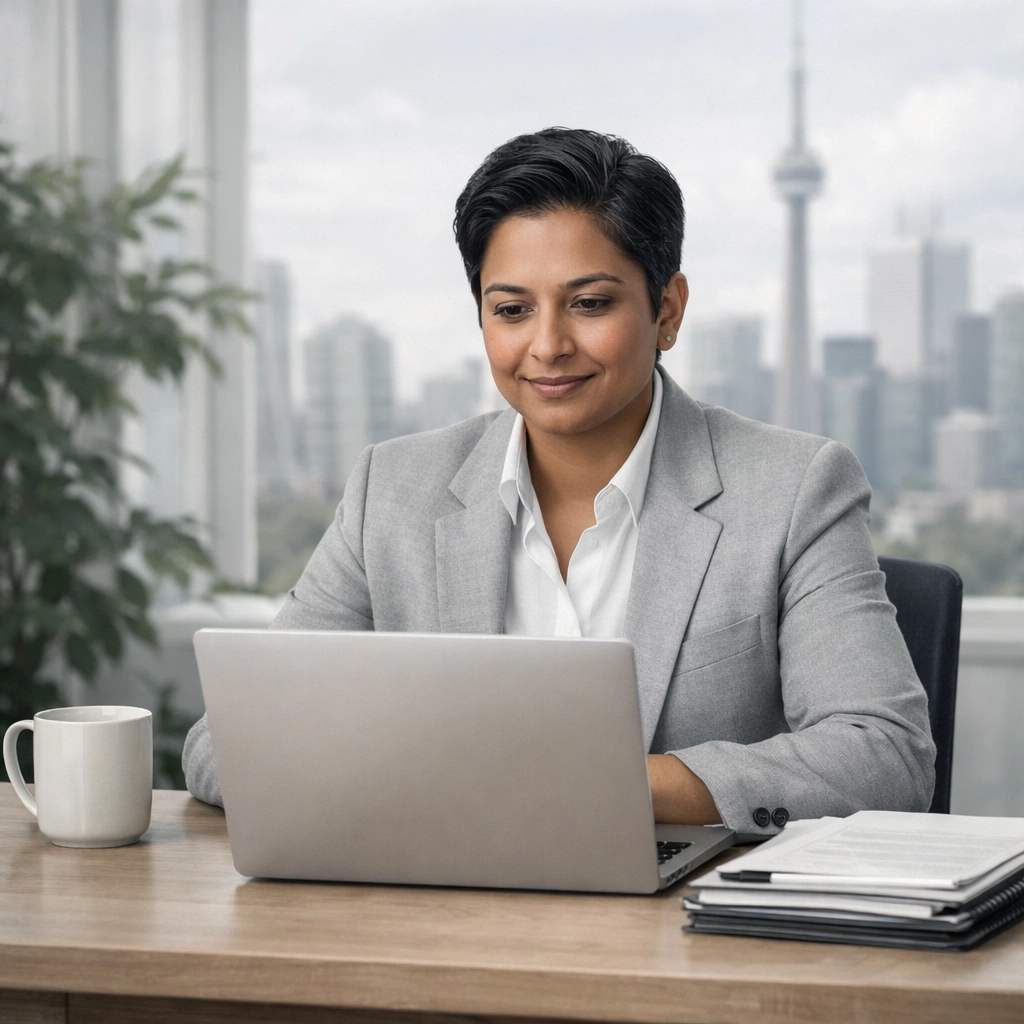 Confident business owner organizing documents for fast business loan approval in a modern office.