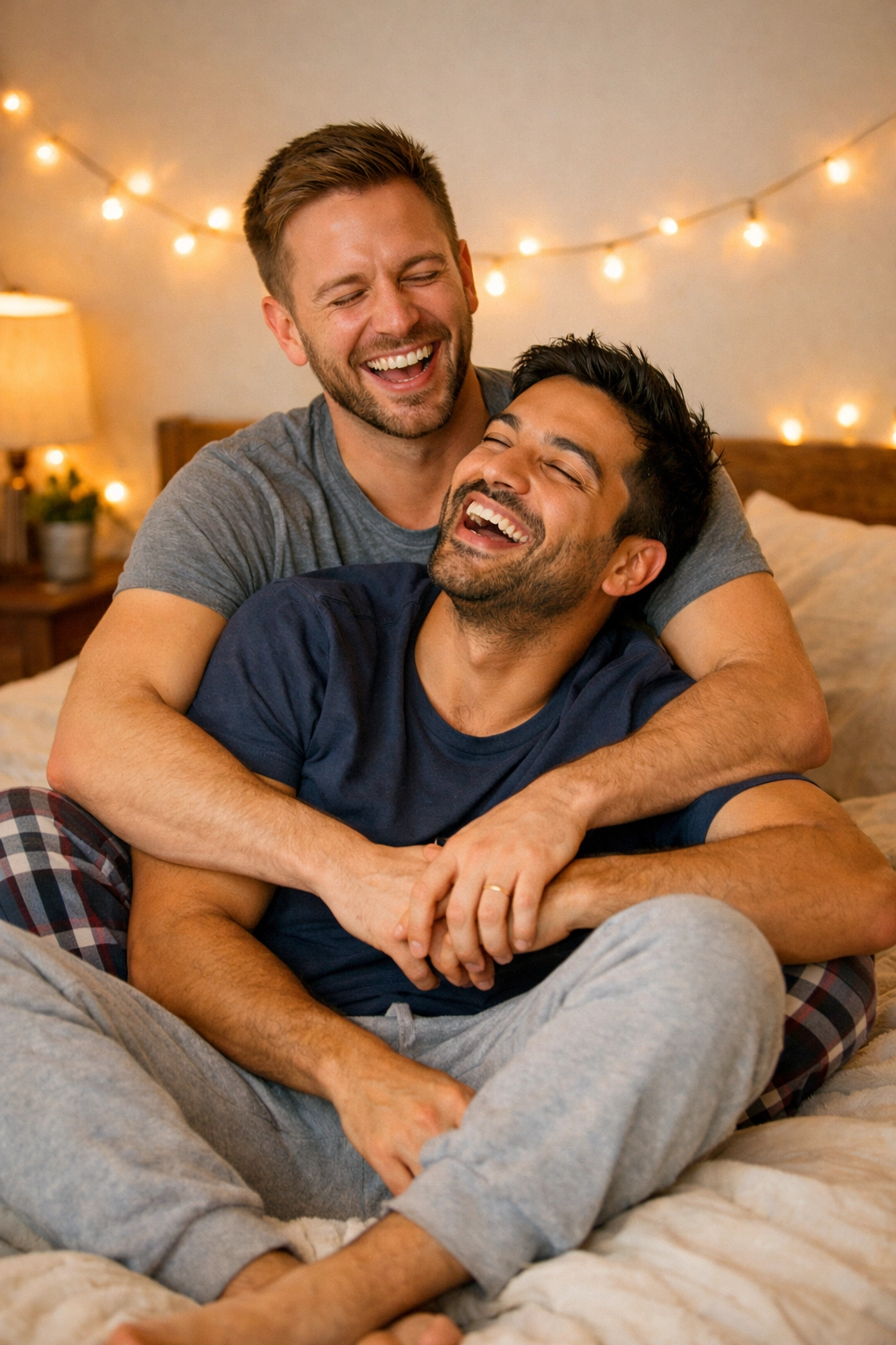 Gay couple sharing laughter and joy in authentic relationship moment