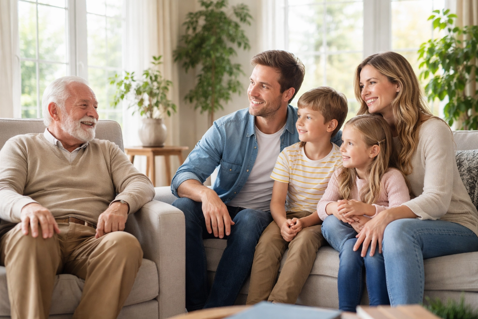 Multi-generational family relaxing in a modern living room, highlighting peace of mind from final expense insurance.