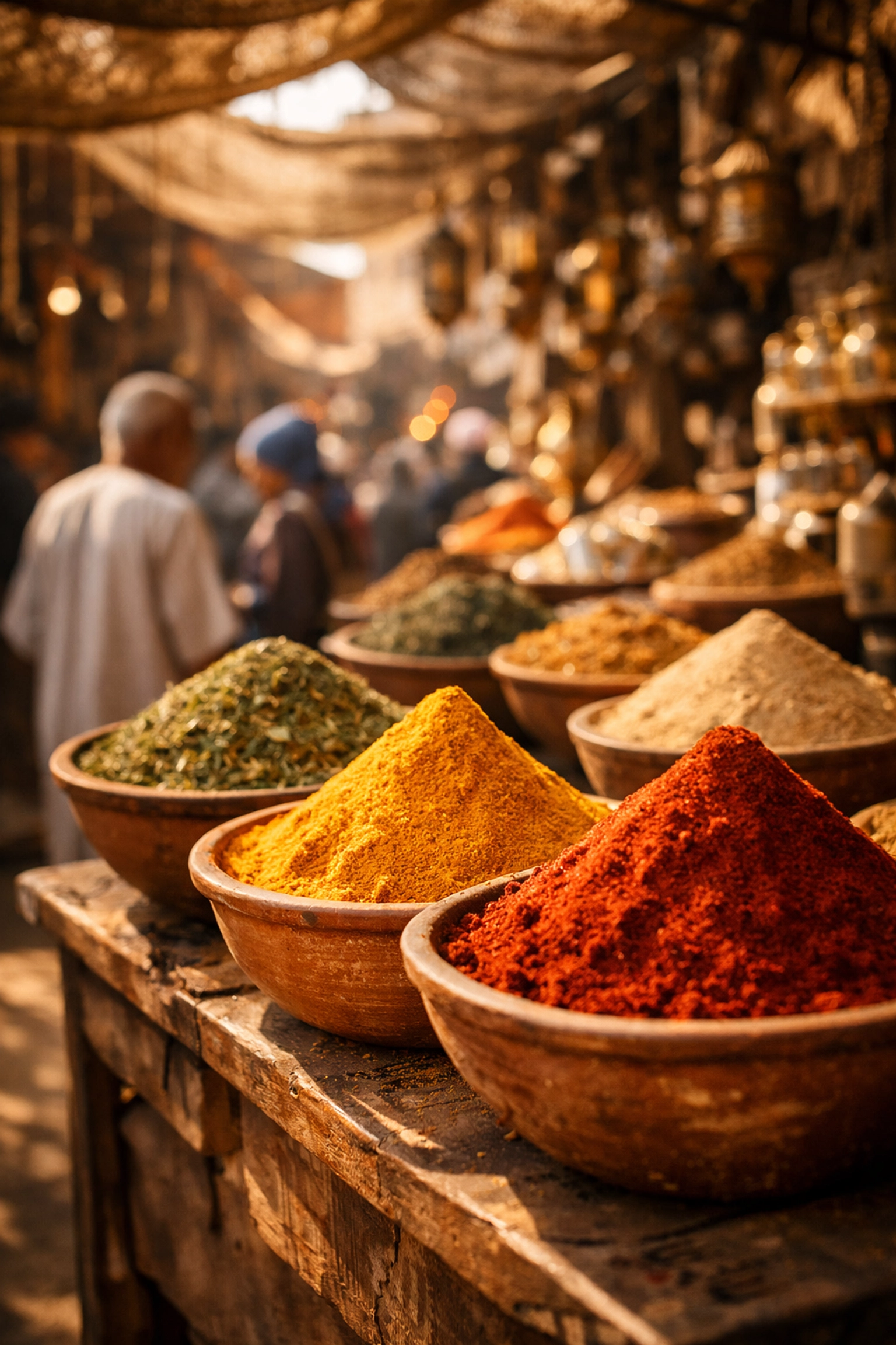 Colorful spices at traditional Egyptian market with turmeric and paprika