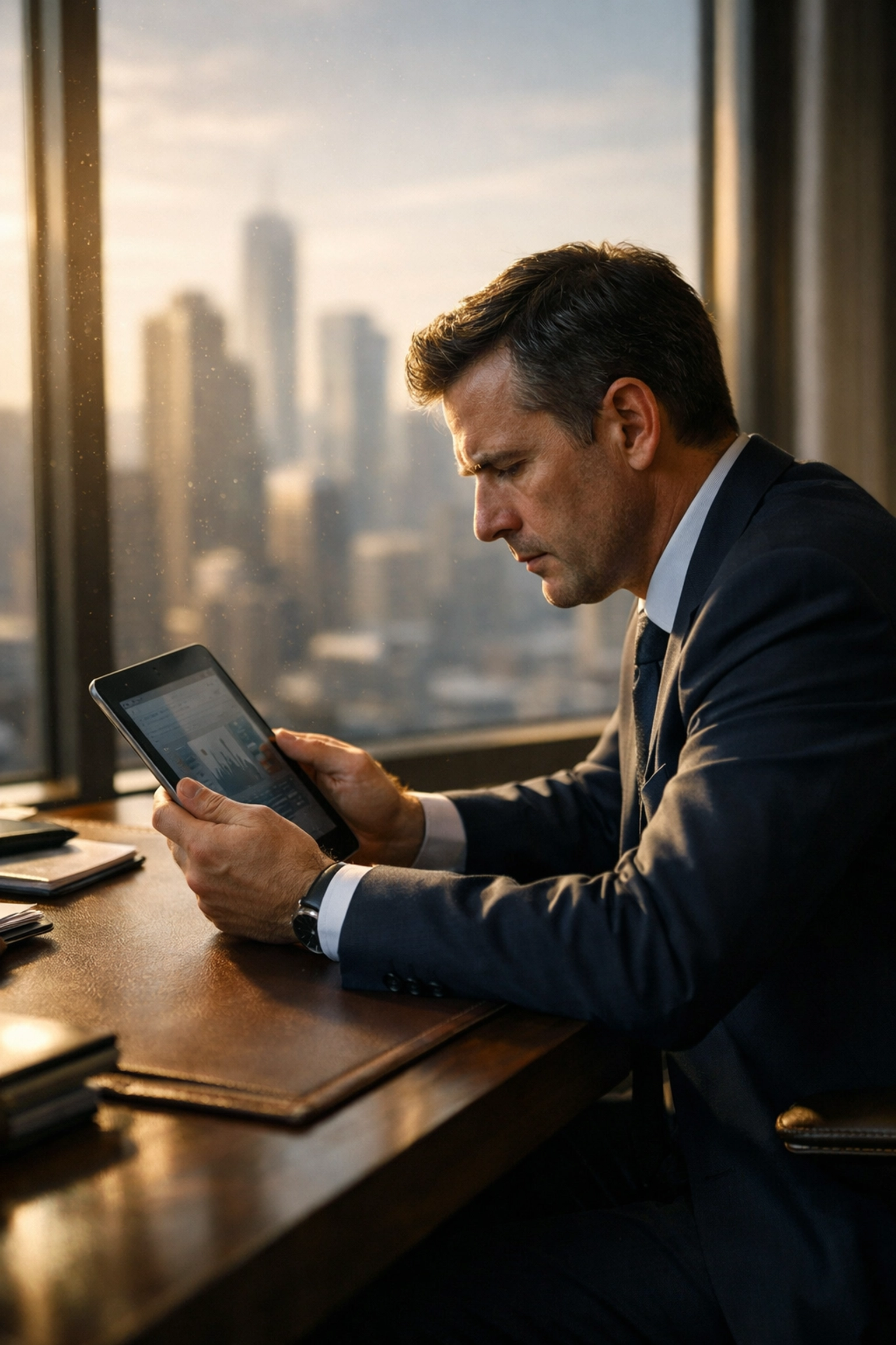 A professional in a modern office evaluating digital evidence during an initial fraud assessment.