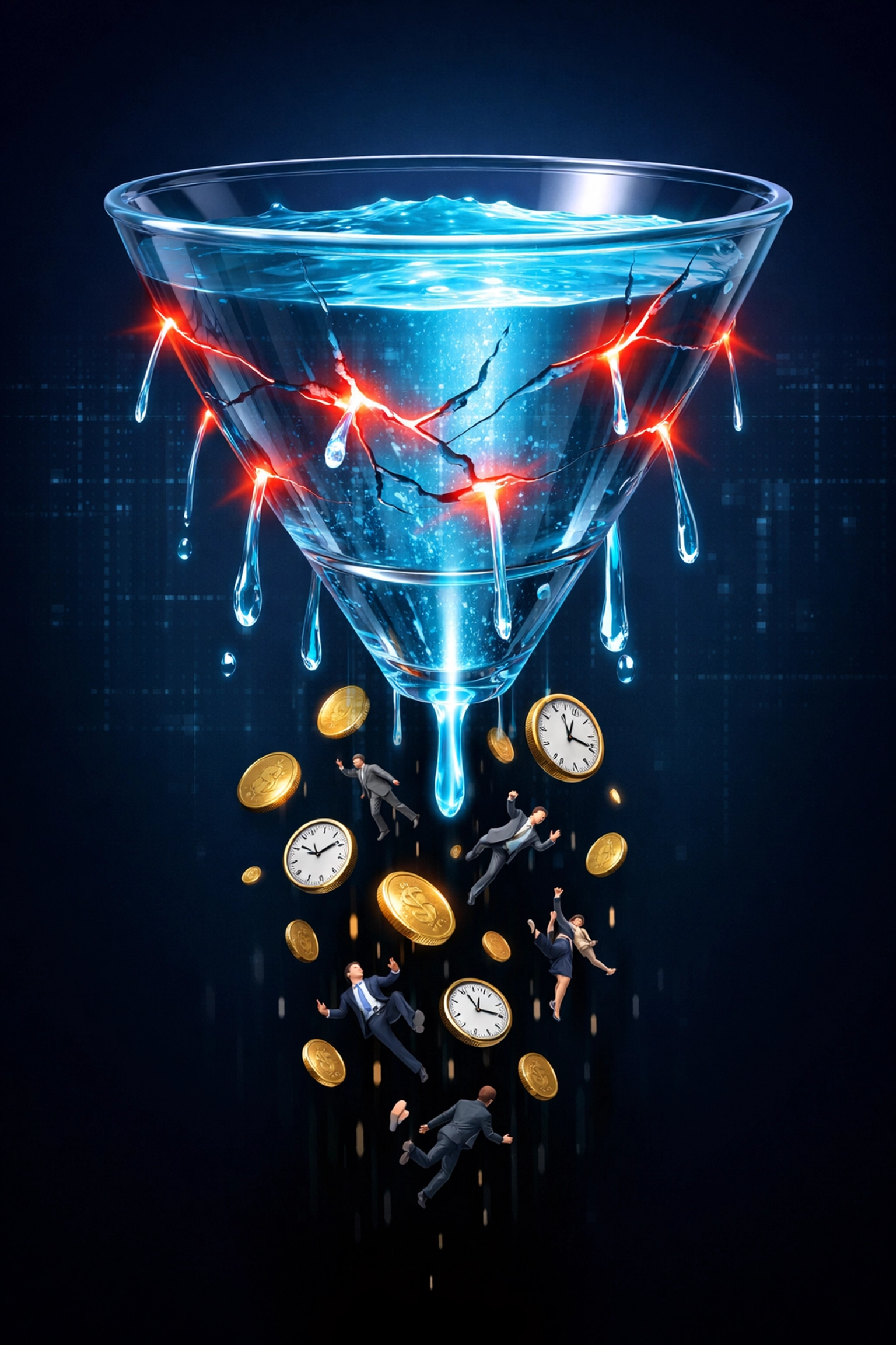 Visual metaphor of business resources draining through poor systems and inefficient processes