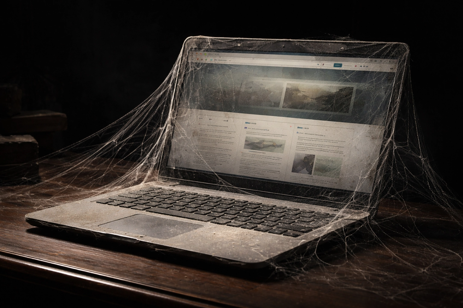 Neglected laptop symbolizing an outdated dental website lacking regular updates and local SEO maintenance.