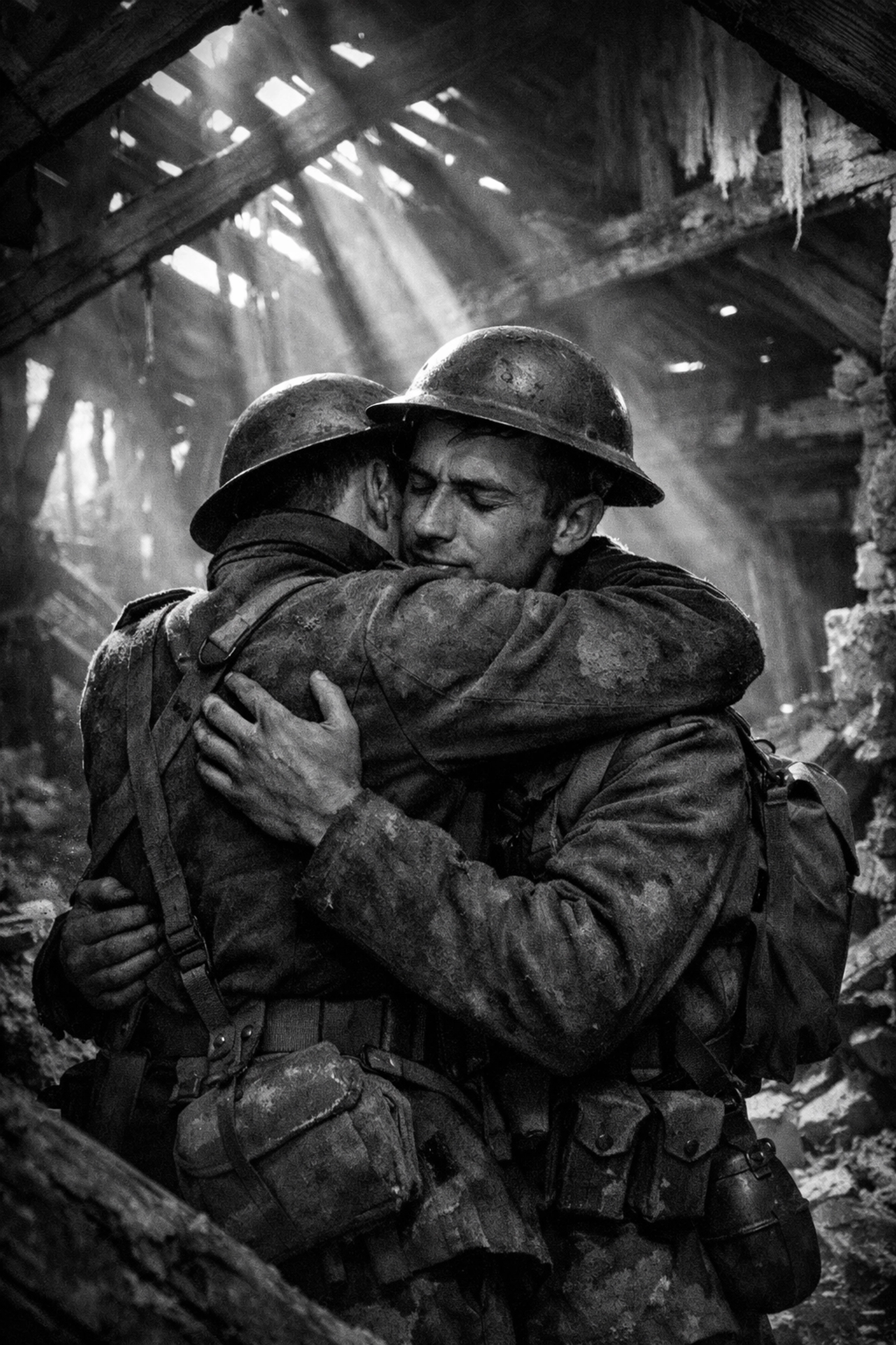 Two male soldiers embrace in war-torn barn ruins showing gay love during WWI